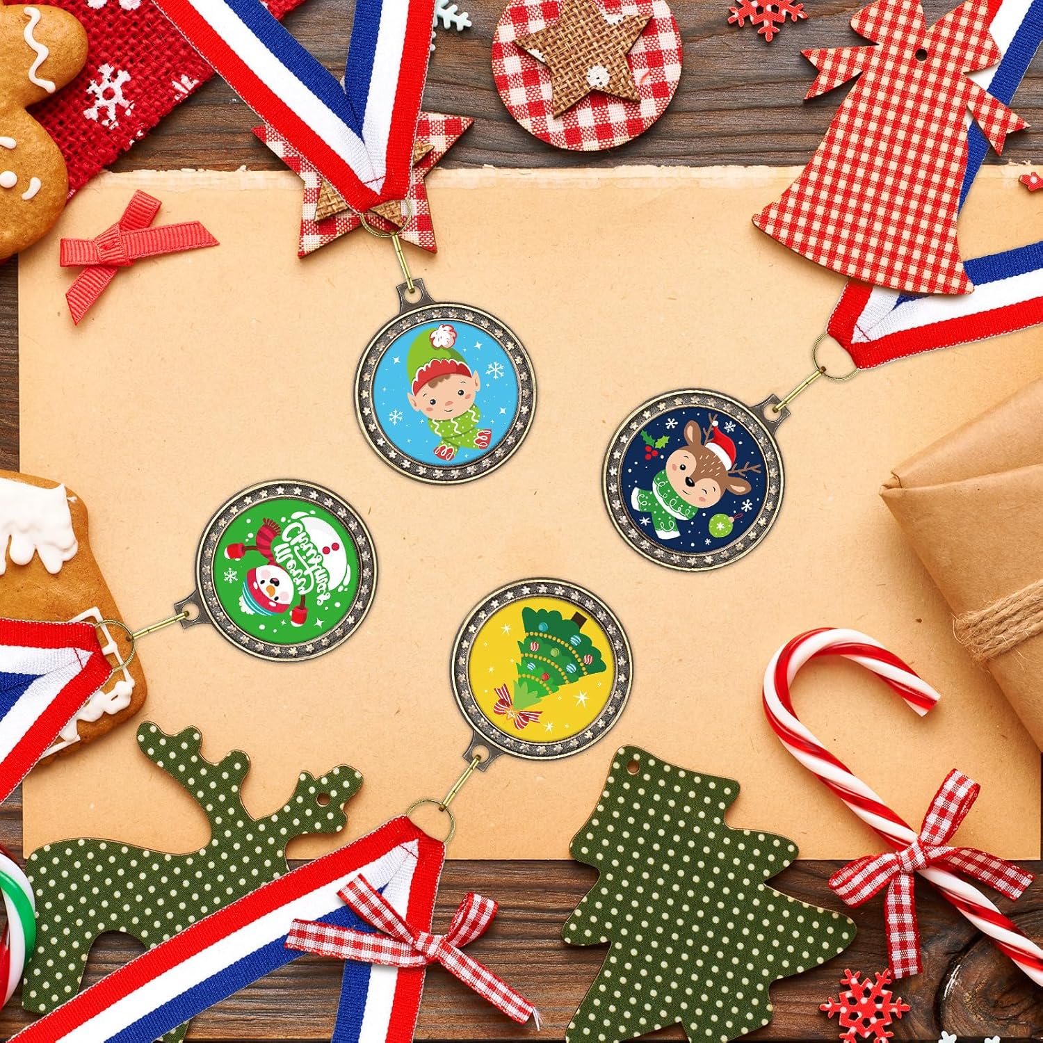 24 Pcs Christmas Award Medals 1.97'' with Neck Ribbon Metal Xmas Contest Medals Festival Party Competitions Prizes for Christmas Holiday Decorating Sports Games Party, 8 Styles