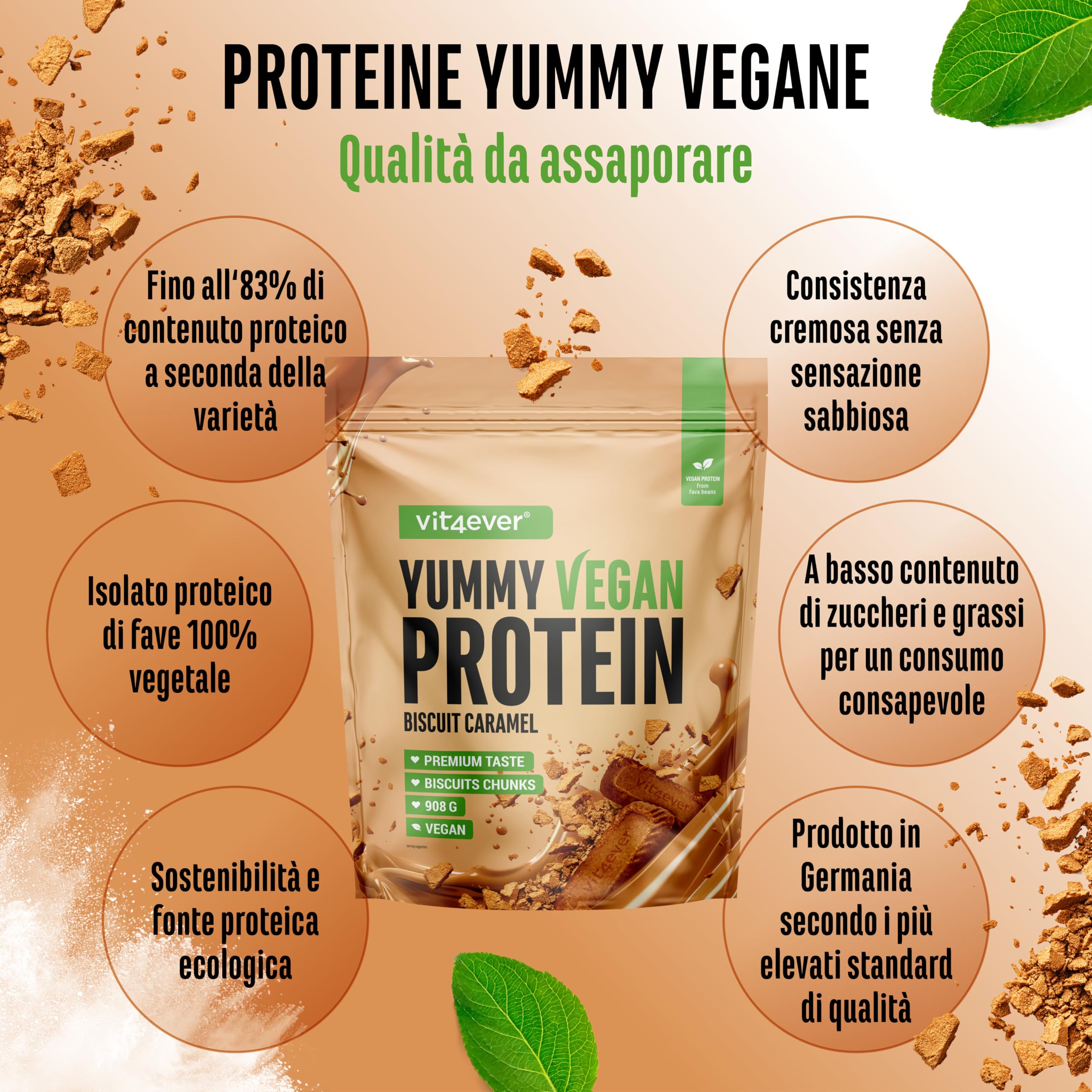Yummy Vegan Protein Biscuit Caramel con pezzi – Frullato proteico vegetale con 24,1 g di proteine per porzione da isolato di fave con BCAA e amminoacidi – Consistenza cremosa e gusto delizioso – 908 g