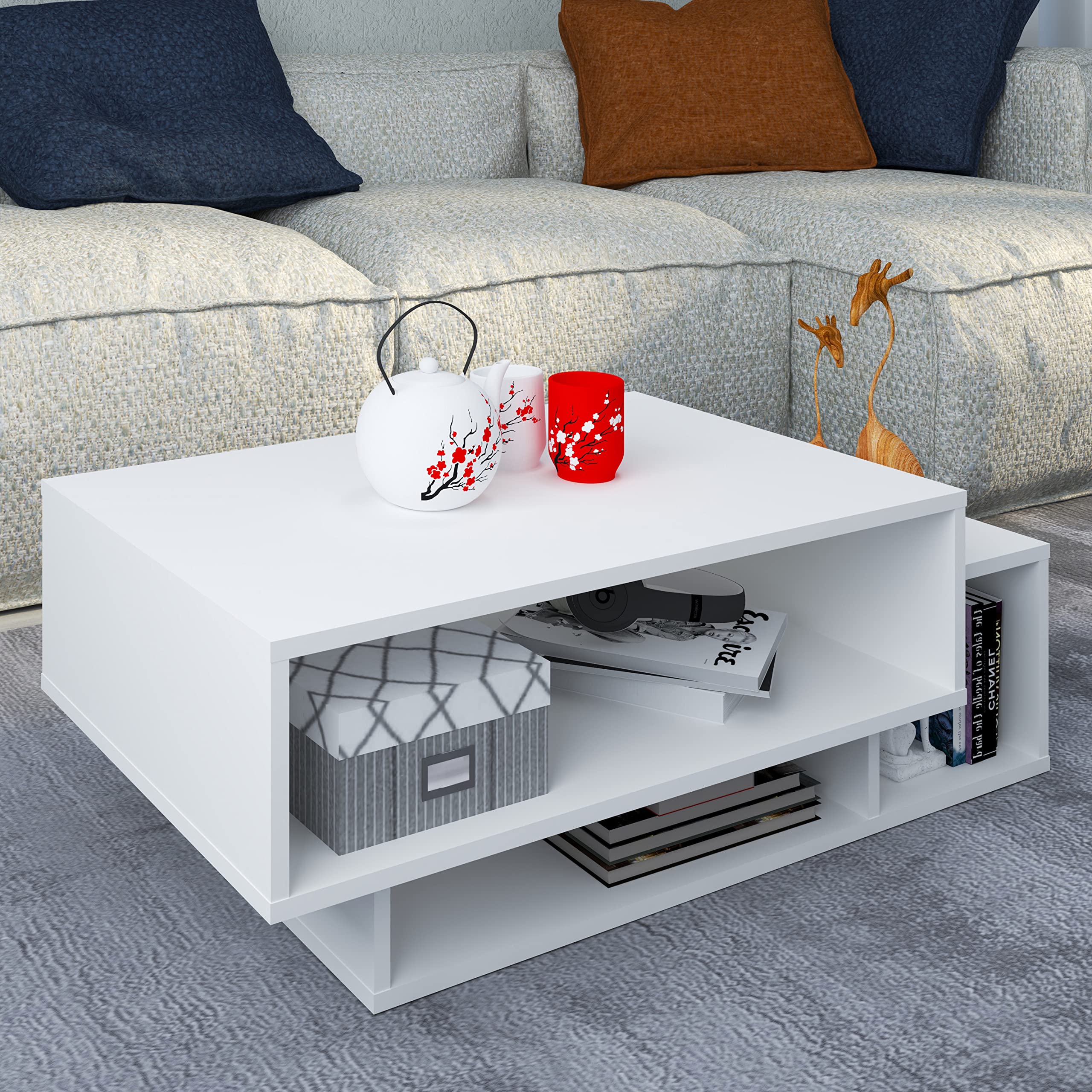 VCM Holz Couchtisch | Sofatisch mit ausreichend Stauraum | Maße ca. H. 35 x B. 88 x T. 50 cm | Wohnzimmertisch - Runila Weiß