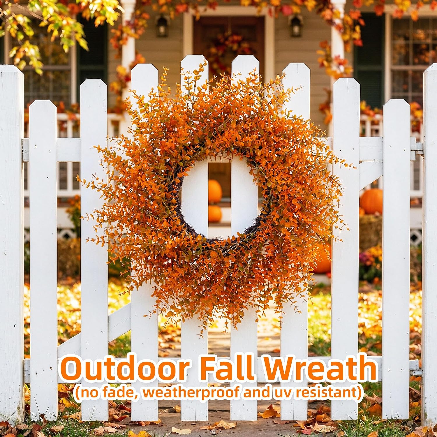 26" Autumn Fall Wreath with Orange Eucalyptus Leaf for Front Door/Outdoor | Lifelike Full Orange Eucalyptus Leaves Decor for Mantel, Wall, Window; UV-resistant, Weatherproof, Grapevine Base with Loop