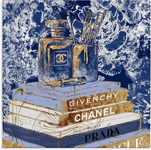 Stupell Industries Fashion Book Pile Glam - Accesorios de diseño de oro azul, diseño de arte de pared de Ziwei Li, 24 x 24 pulgadas, lienzo