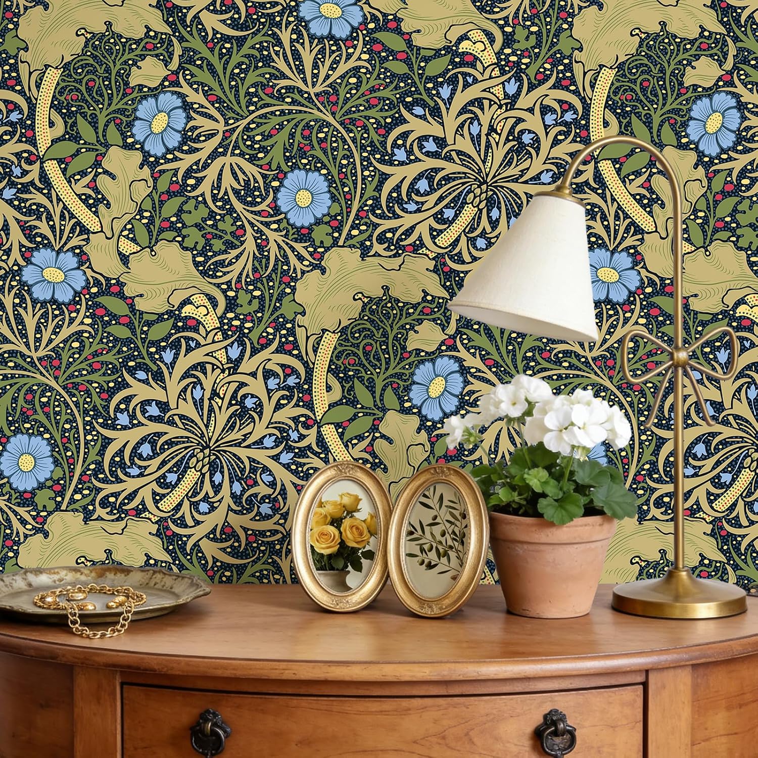 VEELIKE Vintage Floral Peel and Stick Wallpaper Retro William Morris Seaweed Wallpaper 17.7''x354'' Self Adhesive Contact Paper Floral Removable Wall Paper for Bedroom Bathroom Accent Walls Furniture