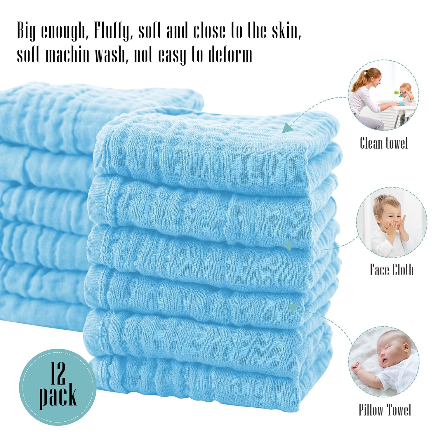 Cute Castle 12 Pack Muslin Burp Cloths for Baby - Ultra-Soft 100% Cotton Baby Washcloths - Large 20 by 10 Super Absorbent Milk Spit Up Rags - Burpy Cloths for Unisex, Boy, Girl - White