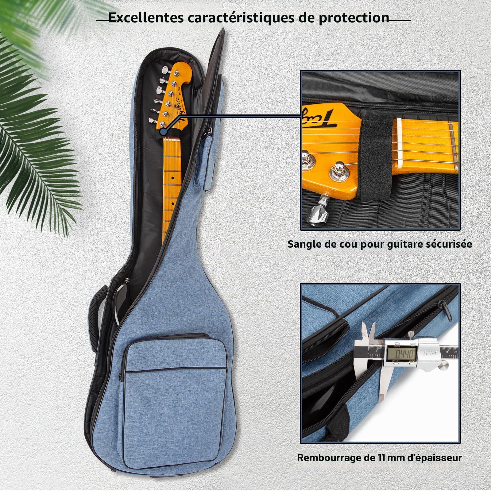 Sac Étui souple de guitare électrique de 39 pouces, rembourré 11 mm, étanche avec poches, bleu