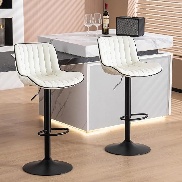 YOUNUOKE Bar Stools Set of 2, Modern Swivel Counter Height Barstools with Mid Back, Adjustable Tall Upholstered Faux Leather Bar Chairs for Kitchen Island, White