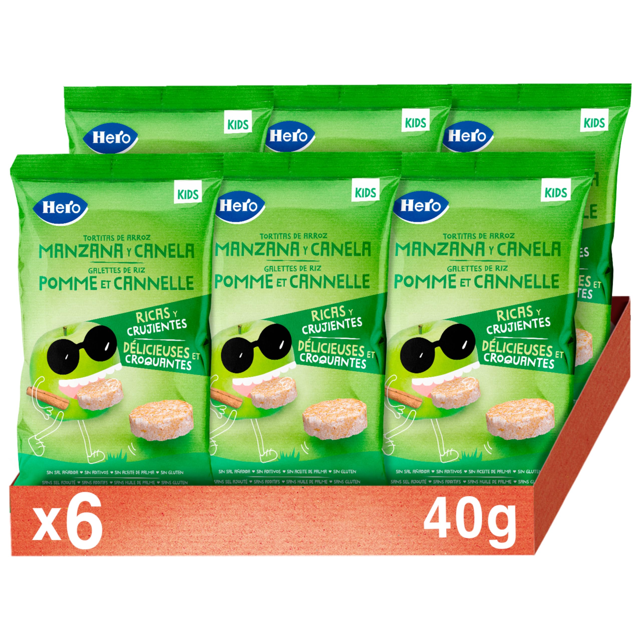 Hero - Tortitas de Arroz, Manzana y Canela, Sin Sal Añadida, Sin Aditivos, Sin Aceite de Palma, Sin Gluten, Snack Infantil Apto para Niños Desde los 36 Meses - Pack de 6 x 40 g