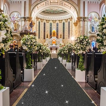 EZLucky Black Carpet Runner for Party, 2.46 x 15 ft Glitter Aisle Runner | 200 GSM glitter nonwoven fabric for formal parties, gothic weddings, movie nights, photo booths and dramatic entrances