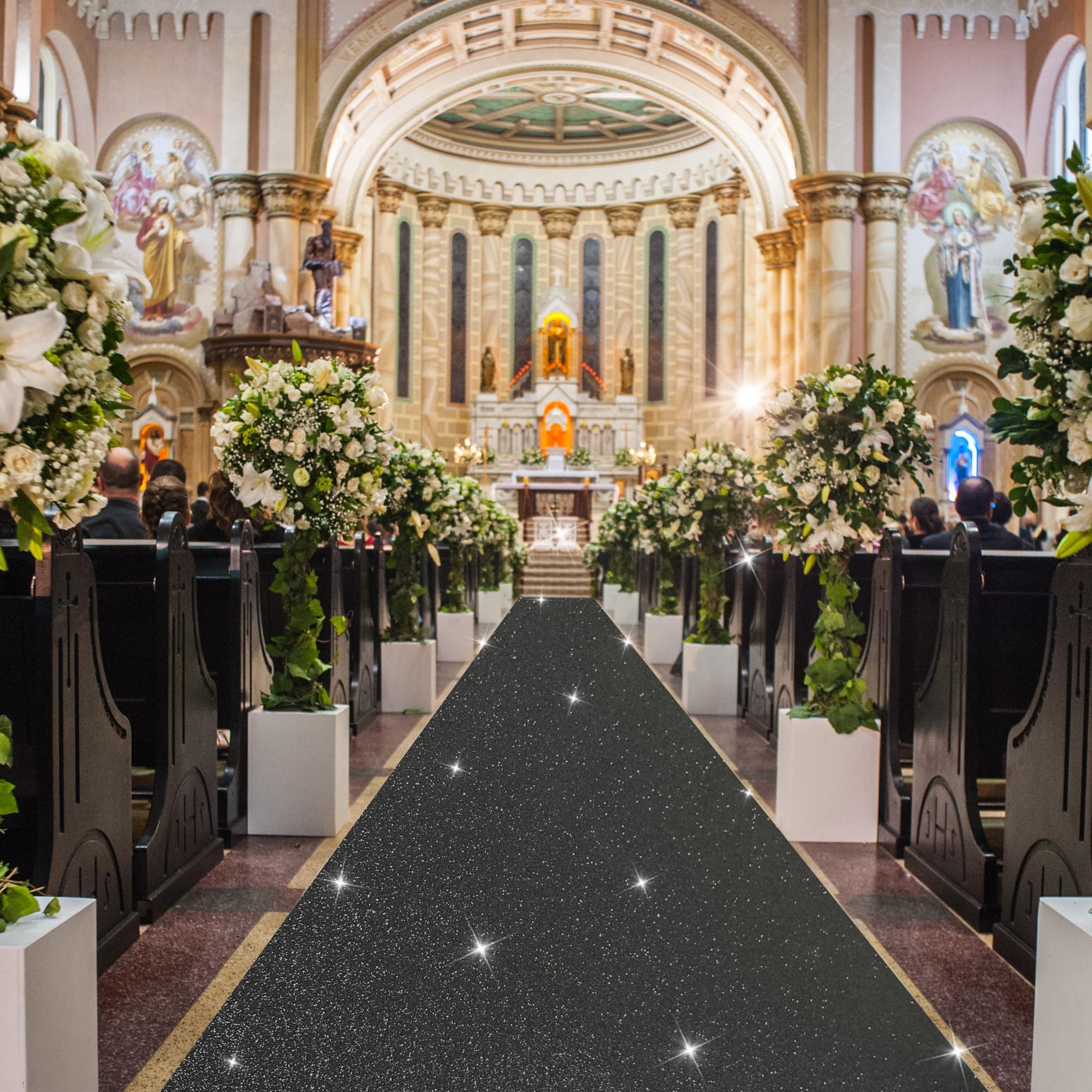 EZLucky Glitzernder schwarzer Teppichläufer für Party, 2,46 x 15 m, 200 g/m², Glitzer-Vliesstoff, Hollywood-Teppich für Veranstaltungen, Gangläufer für Hochzeitszeremonie,