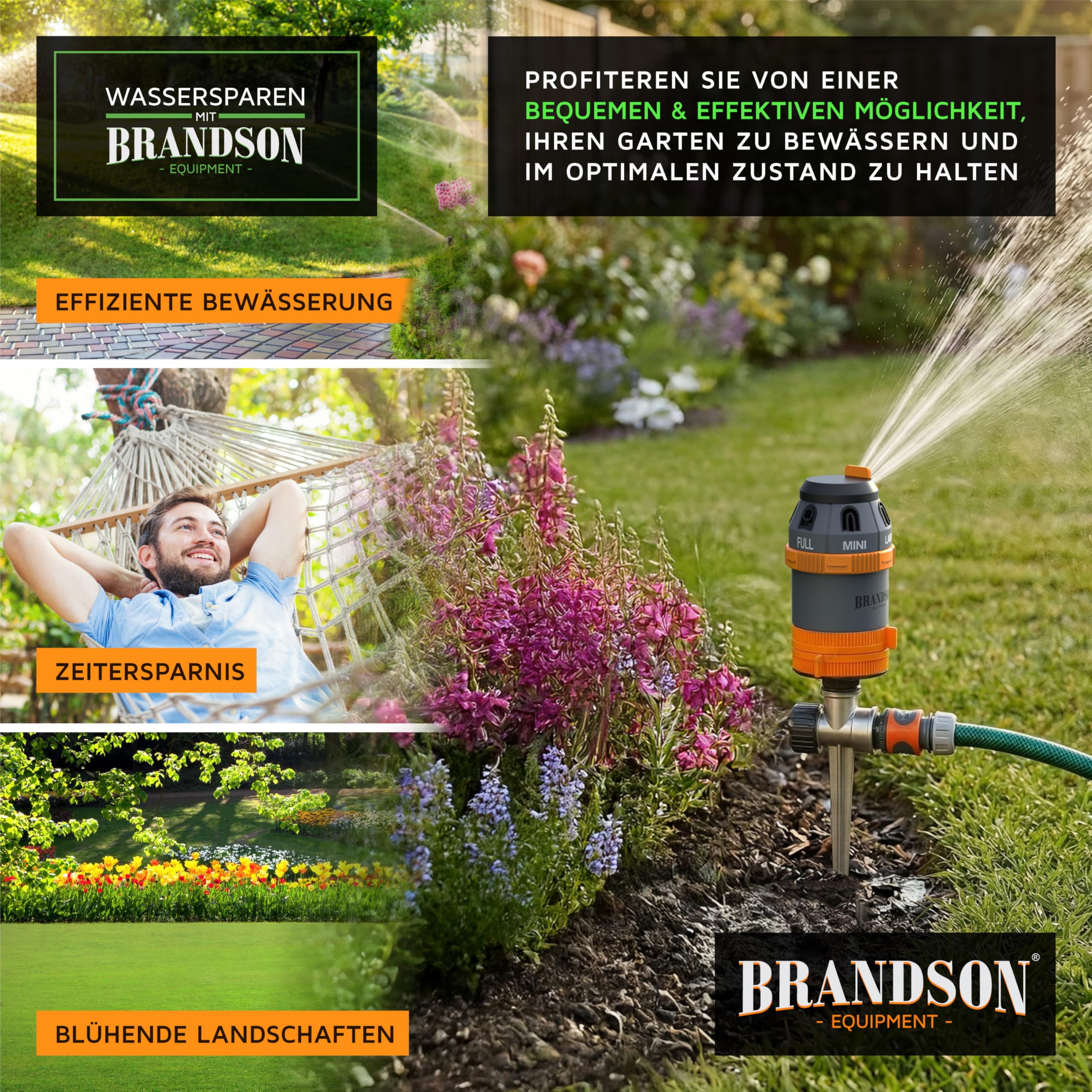 Brandson – 360 Grad Rasensprenger 3/4 Zoll - 6 Sprühmuster - Rasensprinkler für große Flächen – Gartensprenger - Bewässerungssektor 5°-360° – einstellbare Sprühhöh – für Garten Rasen Pflanzen Beete