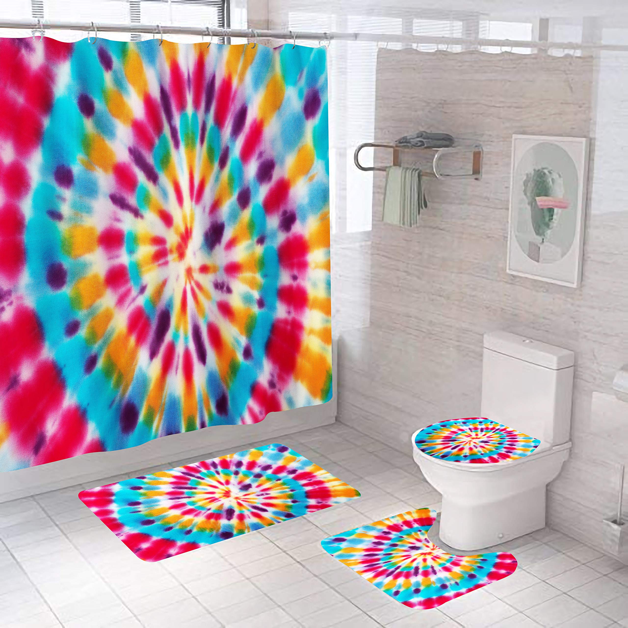 Badematten & Badteppiche Set 4 Teilig Badezimmerteppich Waschbar Badematte rutschfest,Wc Vorleger Mit Ausschnitt Badematte Und Duschvorhang,Badvorleger Toilette Teppich 50×80Cm Bunt