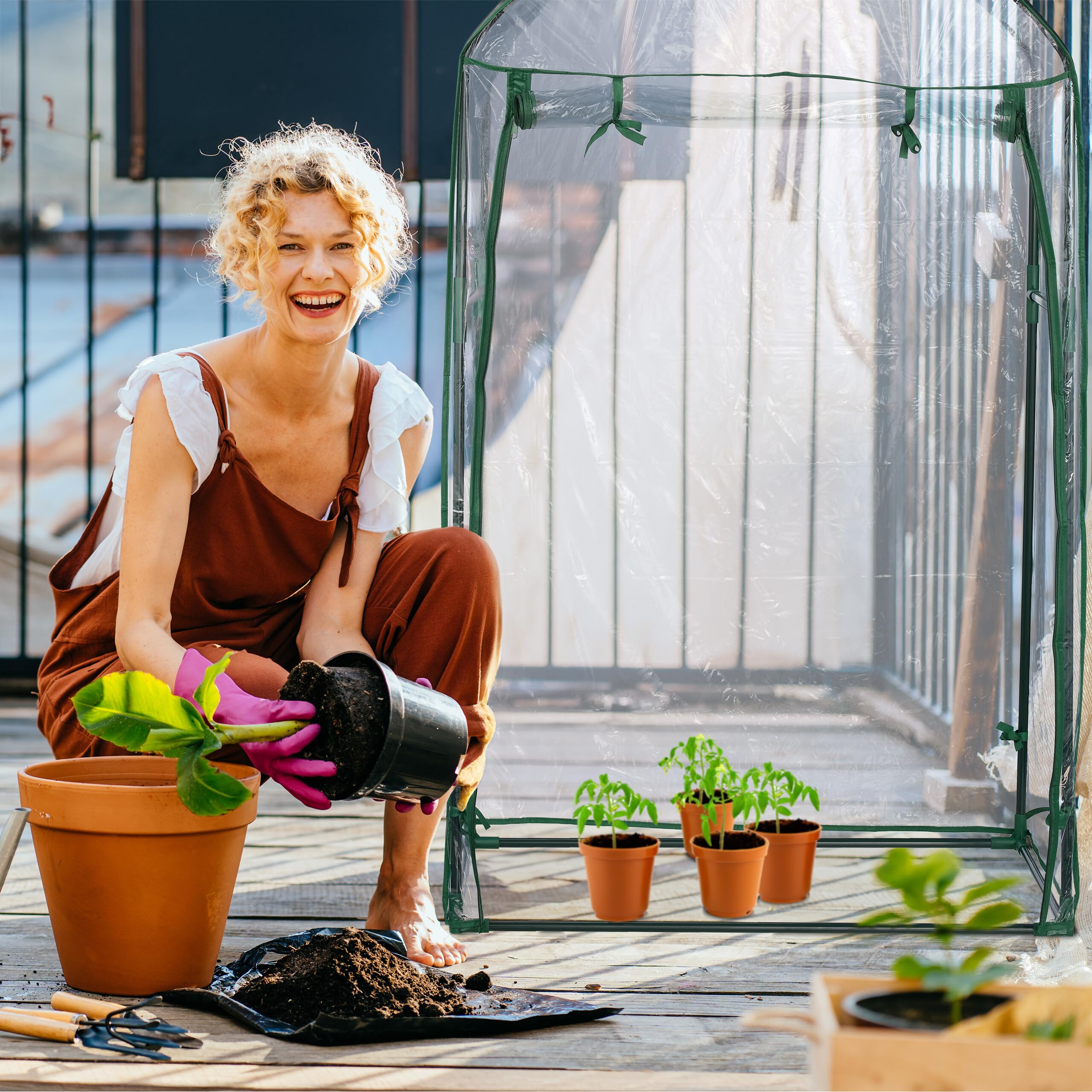 Relaxdays tuinkas, folie, 3 rekken, kweekkas voor in de tuin of terras, broeikas, groen