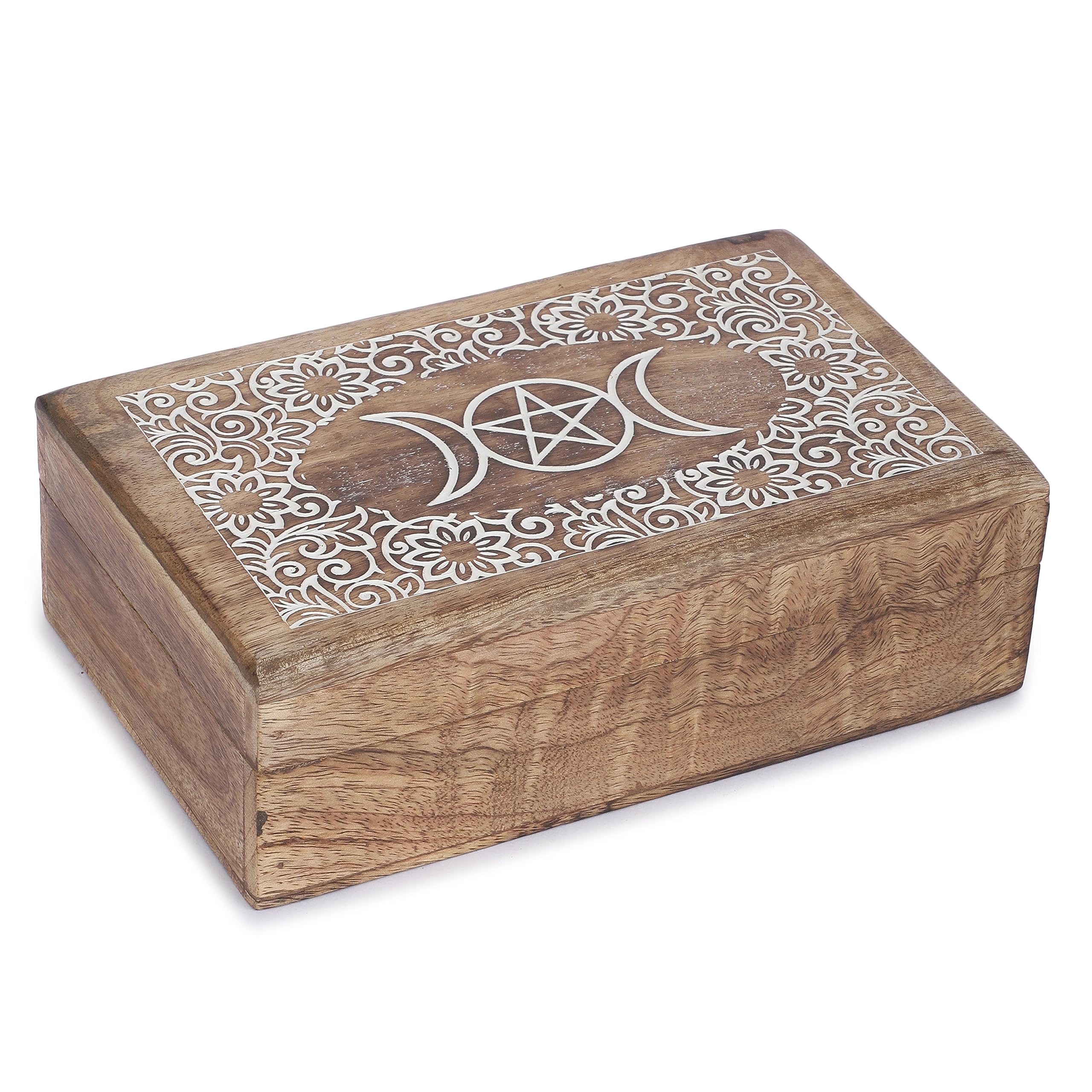 Ajuny Women's White Brown Handmade Wooden Jewelry Box - 8X5 Inch Hand-Carved Keepsake Organizer With Star Moon Design For Necklaces, Watches, And Trinkets - Unique Gift For