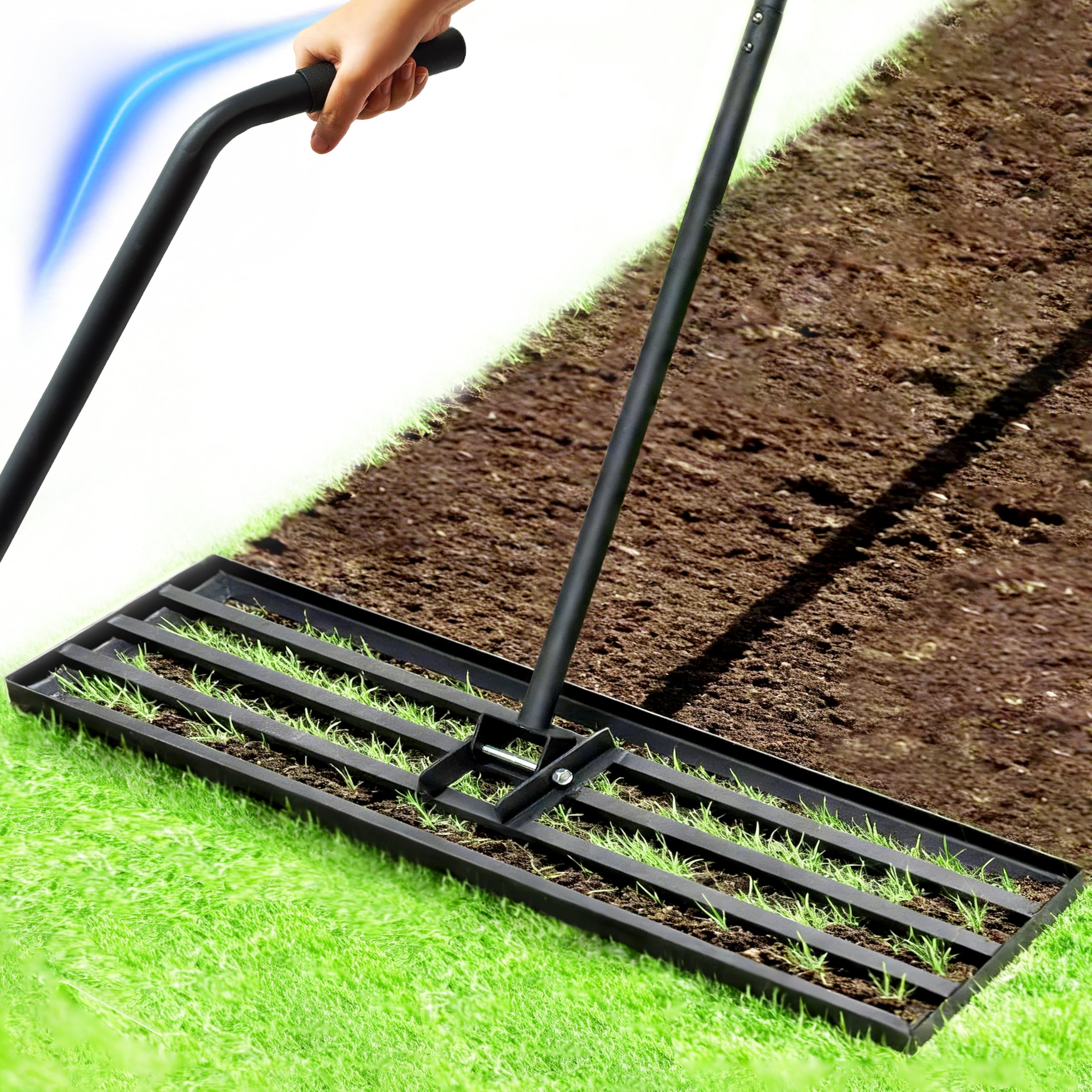 Rasenrakel 120cmx25cm, Schwerer Nivellierrechen mit Ergonomischem Gebogenem Griff, Rasenrechen für Erde, Kies, Dünger, Ideal für Garten, Hof und Golfplatz (185cm)