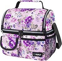 Vista 10 de opux Lonchera aislada para mujeres, lonchera térmica para adultos, lonchera con flores, lonchera de doble compartimento para el trabajo, bolsa
