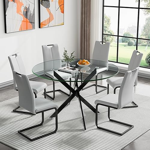 Miniatura 32 de Goujxcy Juego de mesa de comedor de cristal moderno para 6, juego de mesa y sillas de cocina de cristal plateado, juego de mesa de comedor de 7