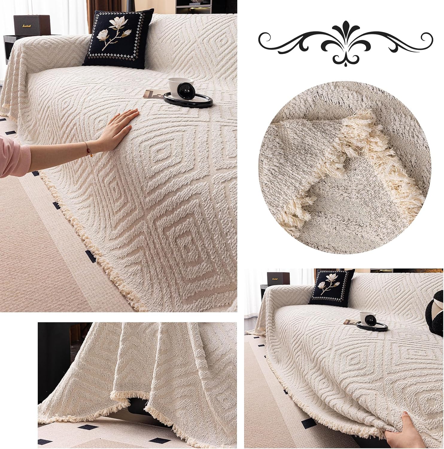ROOMLIFE Couch Cover 3 Cushion Sofa, Washable Non Slip Furniture Sofa Protector Cover, Soft Chenille Sofa Slipcovers Sectional L Shape Dogs Couch Cover Throw Blanket with Tassels 71''X118''