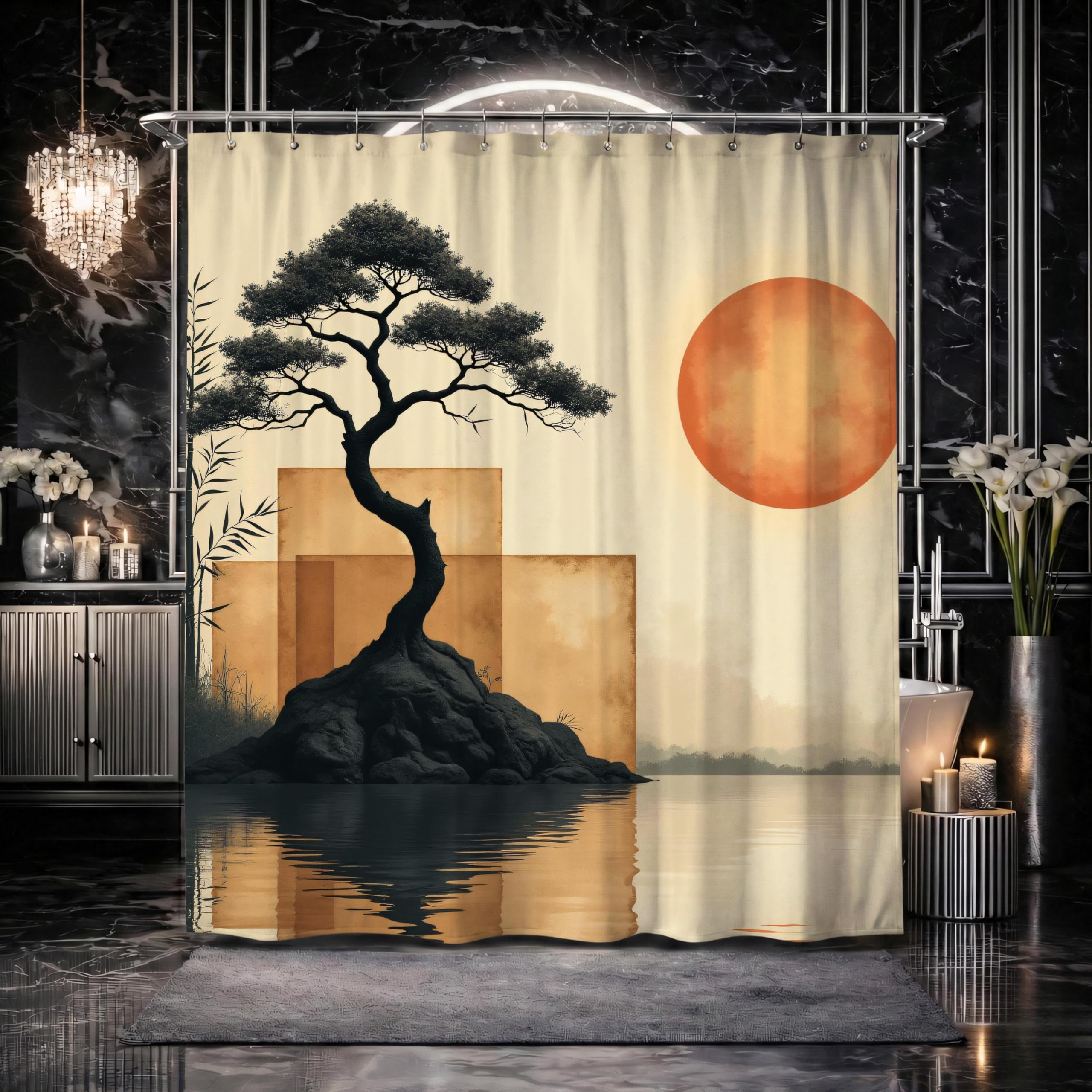 Rideau de Douche Abstrait Japonais à Motif bonsaï avec Crochets, imprimé géométrique Coucher de Soleil, Paysage Beige et Orange (300 x 200 cm / 118 x 79 po (L x H))