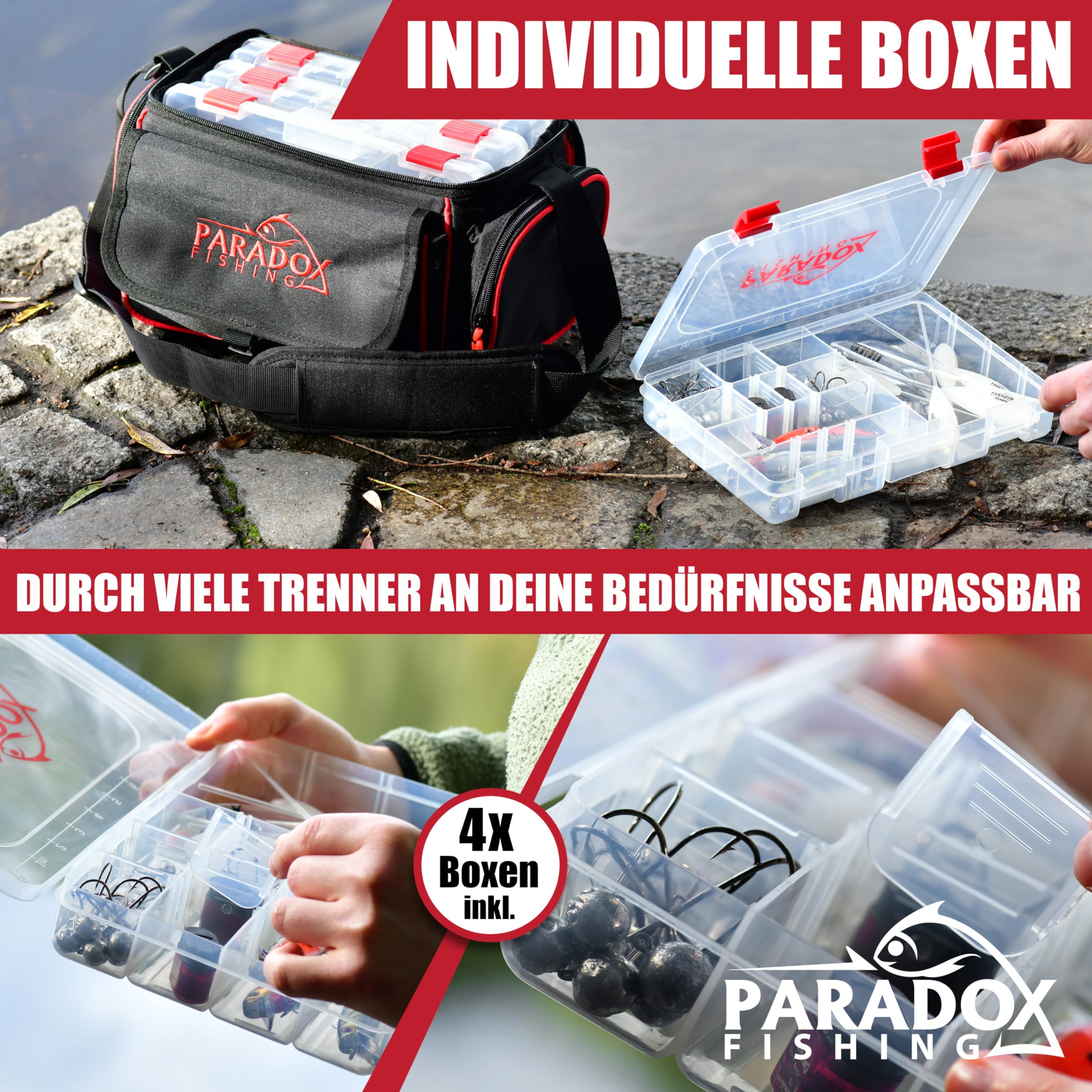 Paradox Fishing Angeltasche mit Boxen I inkl. 4 Boxen I Angelrucksack Angelkoffer - viel Platz für Köder und Angelzubehör
