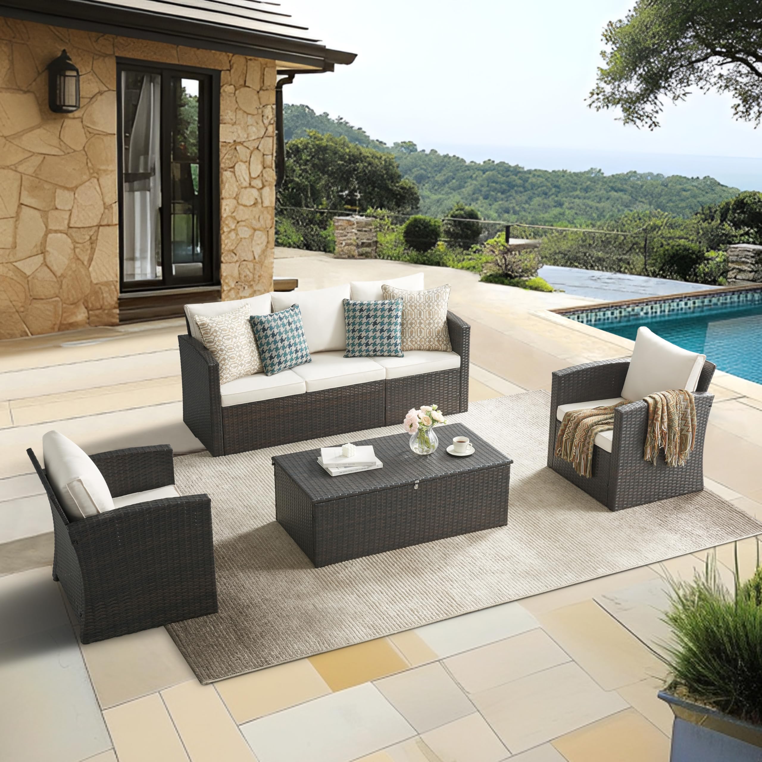 Summax 4 Pieces Wicker Patio Conversation Set,PE Rattan Sectional Sofa with Storage Coffee Table, Outdoor Furniture Sets for Porch, Poolside, Garden,