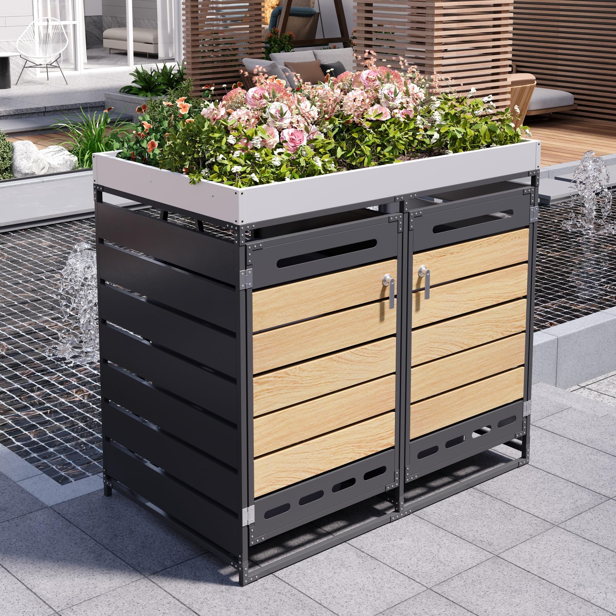 Mülltonnenbox 2er Mülltonnenverkleidung mit Pflanzkasten und Lüftungsöffnung für 2X Tonnen 120 und 240 L, Mülltonnenboxen mit Holzoptik-Leisten, Gartenmöbel Müllcontainer mit Schloss, Schwarz