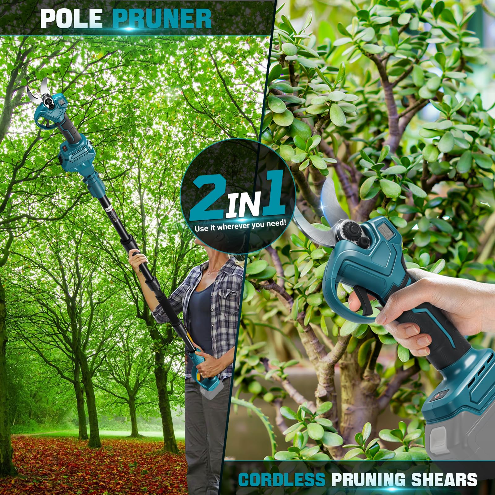 Akku Astschere Mit 2.0M Teleskop für Makita 18V (ohne Akku) 1000W | Bürstenlose Gartenschere Öffnung 45mm, Max 30mm Schnittdurchmesser, LCD Display Elektrische Schere zum Sträuchern und Ästen