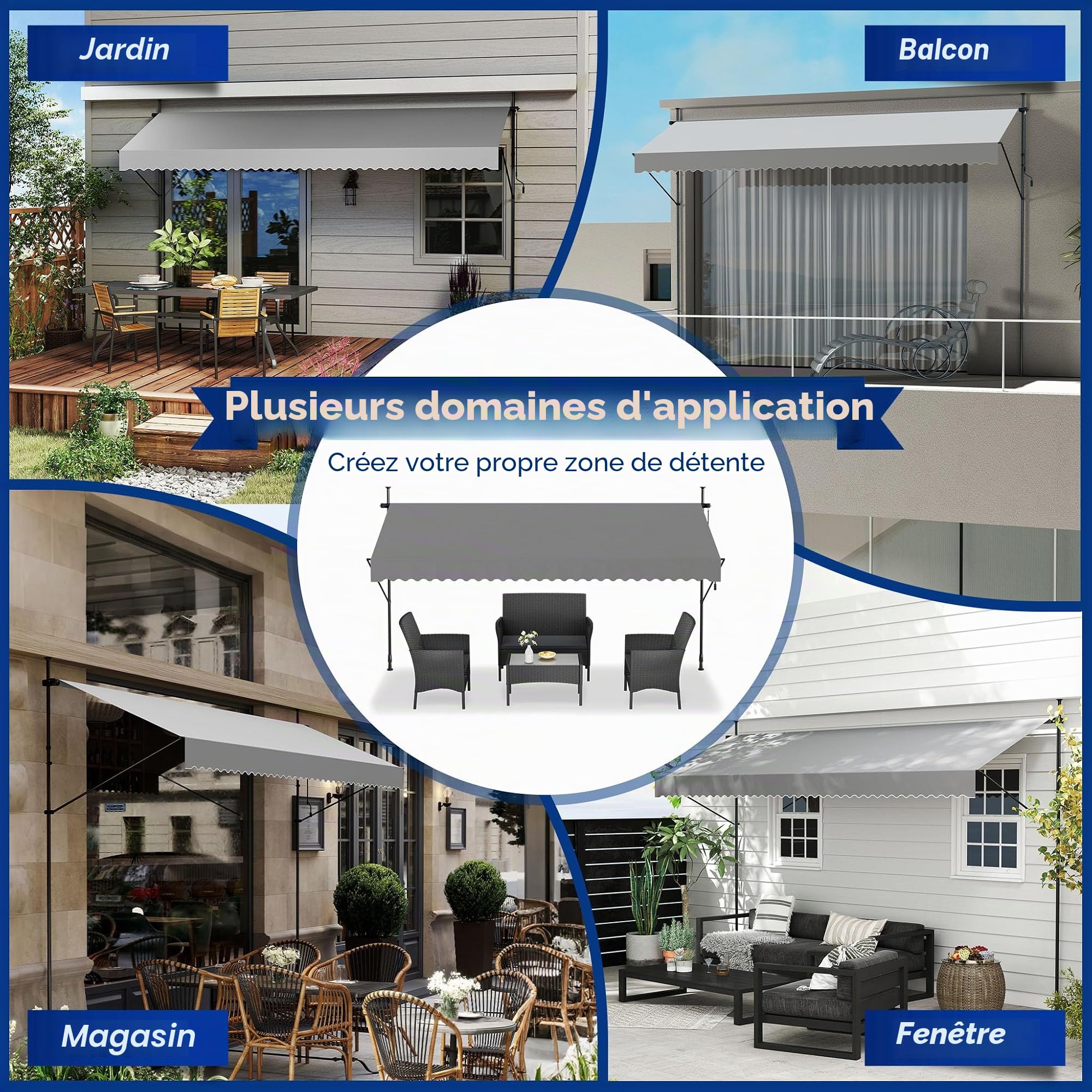 Aufun Store de balcon avec manivelle - 300 cm - Gris clair - Sans perçage - Protection solaire en polyester - Résistant aux UV et réglable en hauteur - 300 x 120 cm