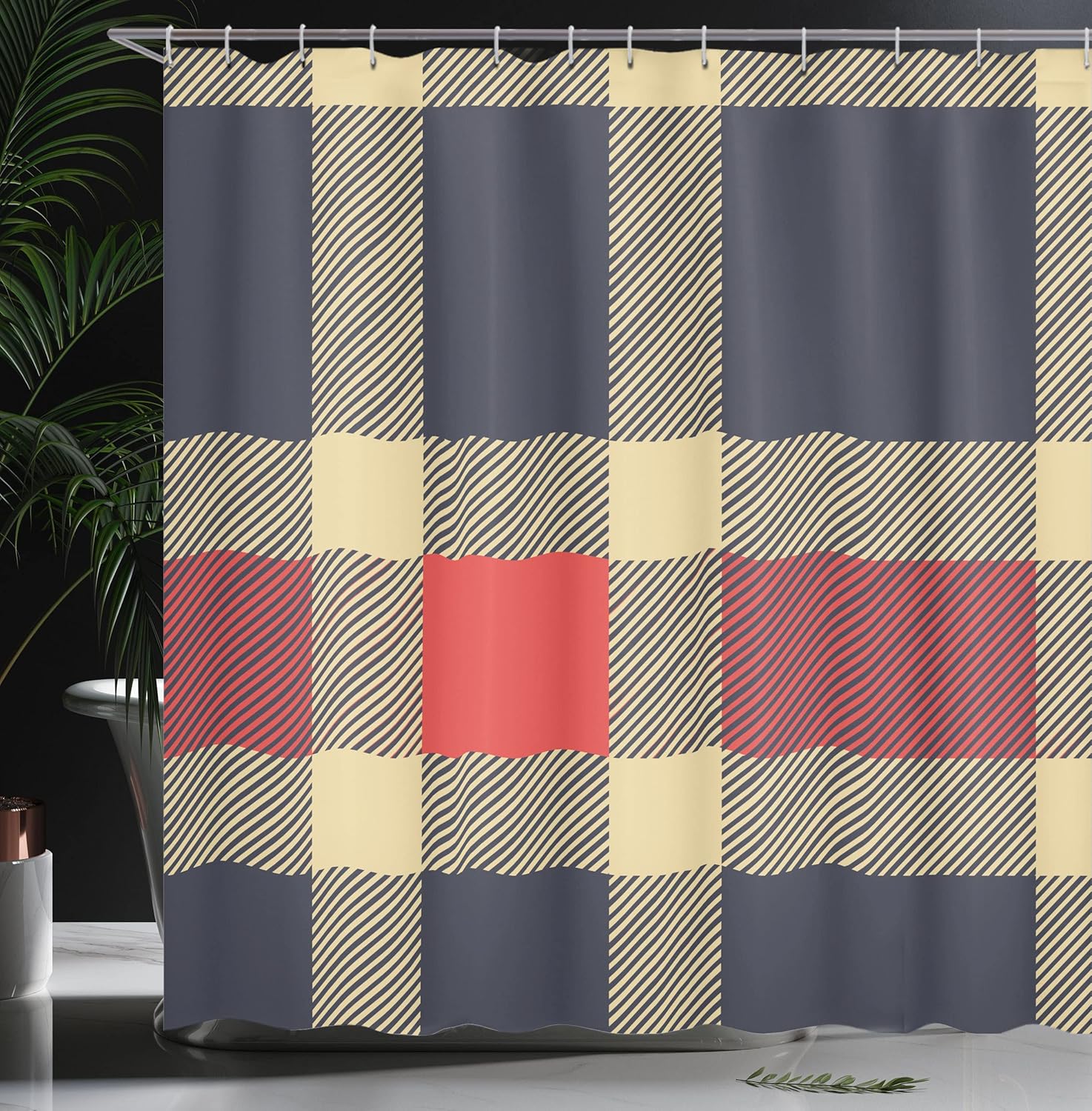 Ambesonne Checkered Shower Curtain, Vintage Plaid Scottish Tartan Pattern with Retro Display Checks Lines, Cloth Fabric Bathroom Decor Set with Hooks, 69" W x 70" L, Dark Blue Coral Cream