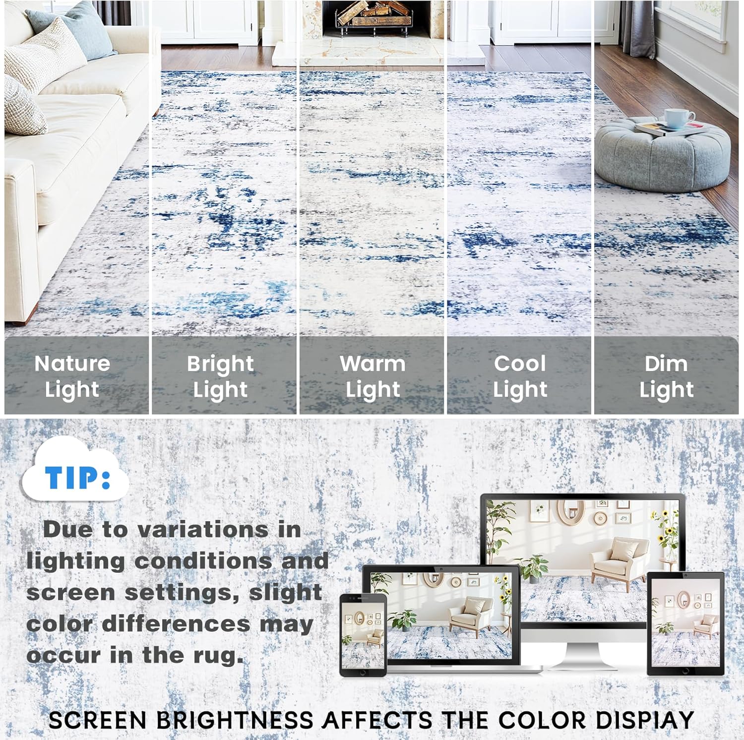 Area Rug Living Room Rugs: 9x12 Large Soft Indoor Carpet Modern Abstract Rug with Non Slip Rubber Backing for Under Dining Table Nursery Home Office Bedroom White Gray Blue