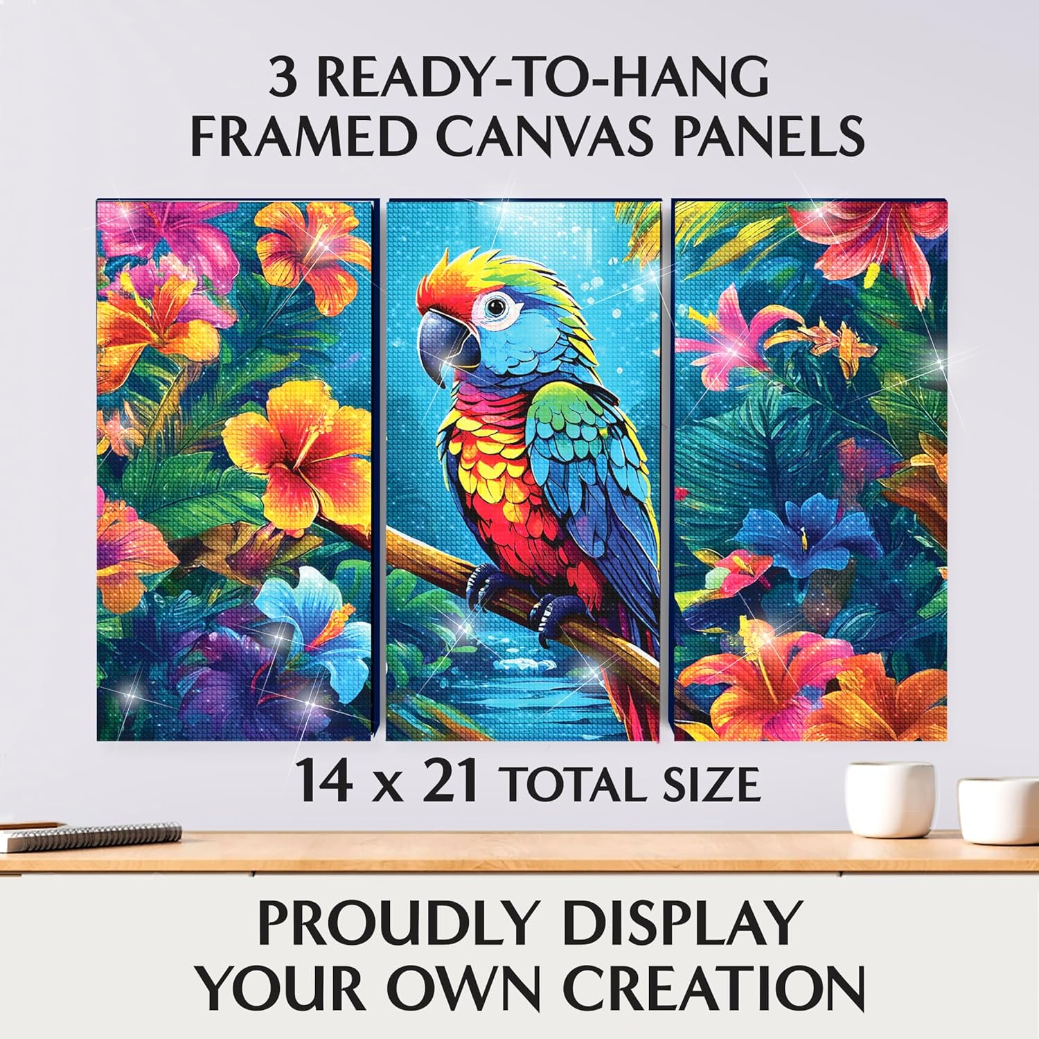 ArtSkills Diamond Painting Kit, Diamond Art Ready to Hang Framed Canvas with Storage and Accessory Kit, Parrot Paradise, 3 Stretched Canvas Panels, 14” x 7” Each