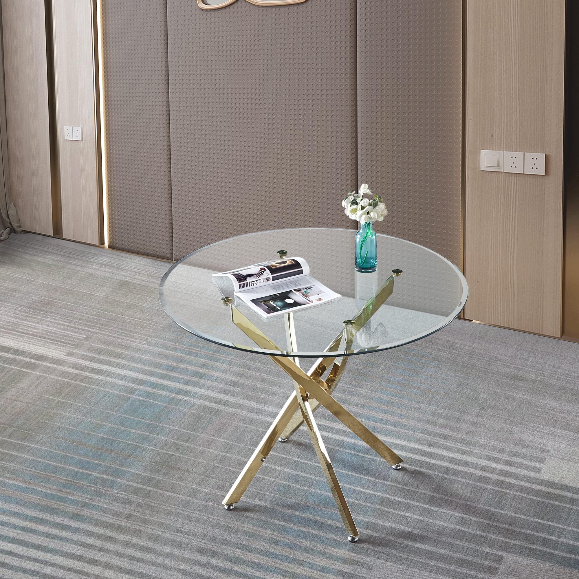 Round Glass Dining Table, Modern Kitchen Glass Top Table for 4 with Adjustable Stainless Steel Legs Clear Beveled Edges Glass Kitchen Table for Home Office Kitchen Dining Room