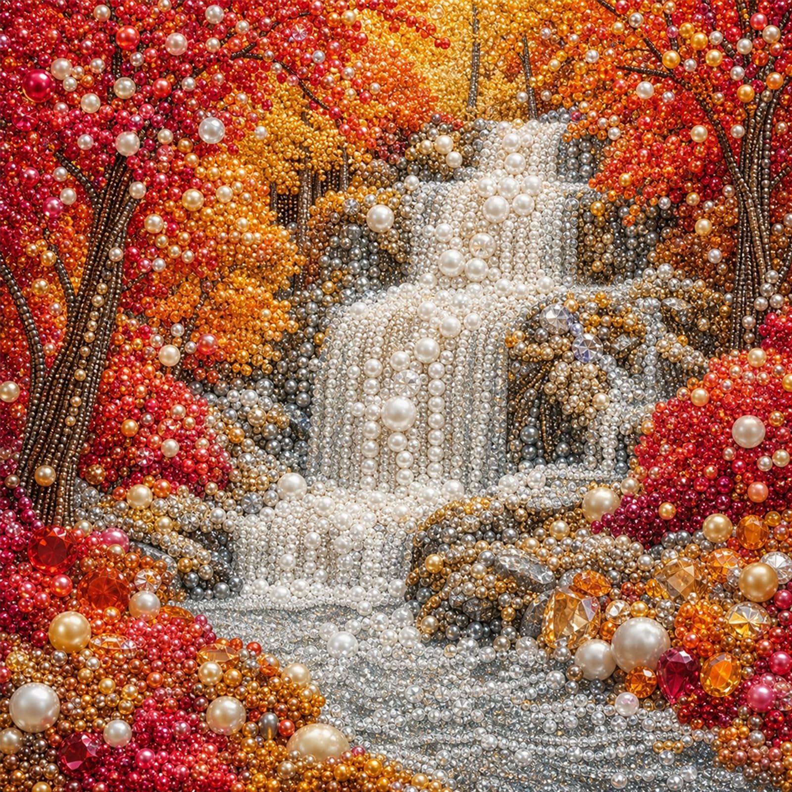 POETRYDRAW Maple Forest Waterfall Pearl Full DIY 5D Round Drill Gem Art