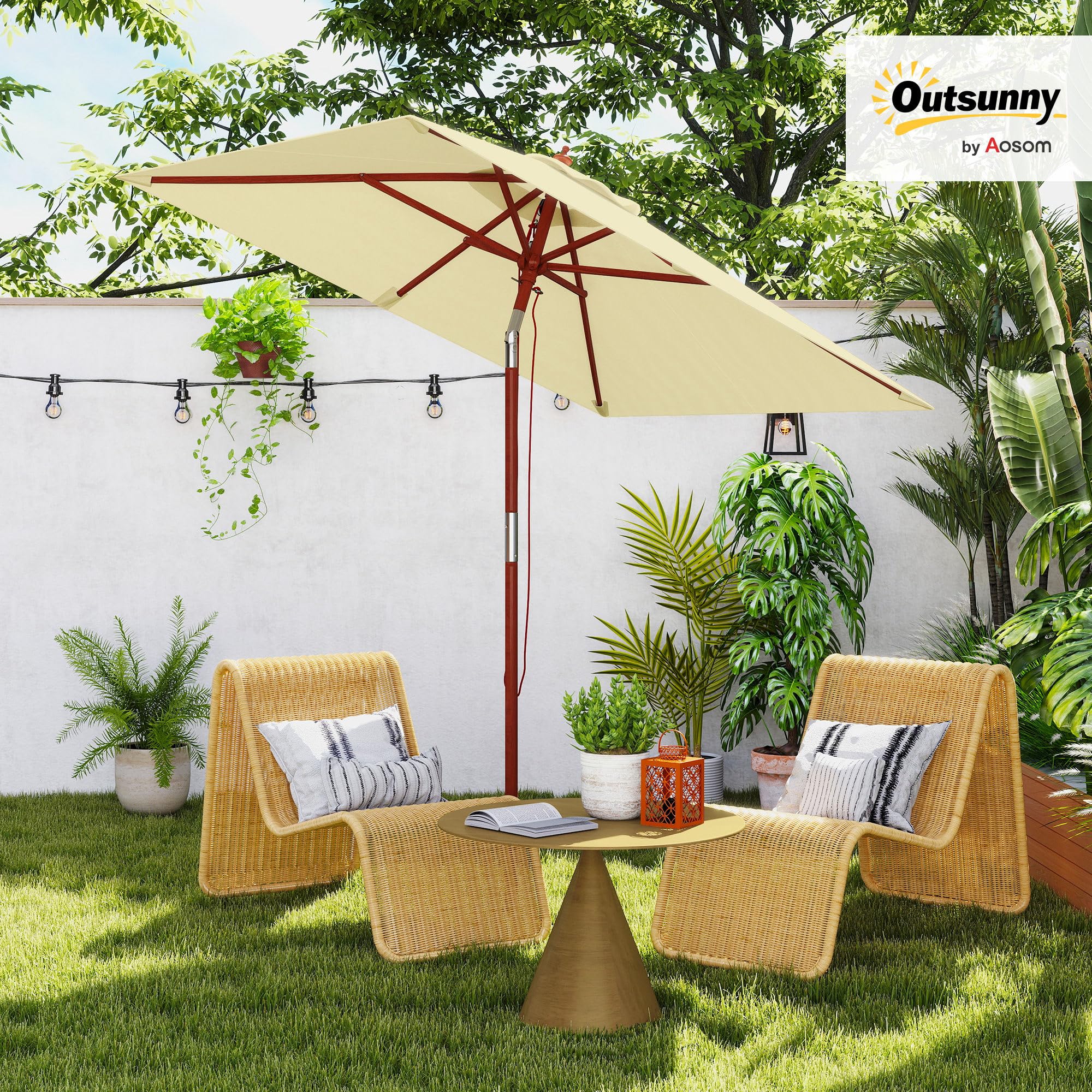 Outsunny Sombrilla Terraza Exterior 200x150 cm Sombrilla de Jardín Rectangular con Ángulo Ajustable Mástil de Madera y Manivela Parasol para Patio Terraza