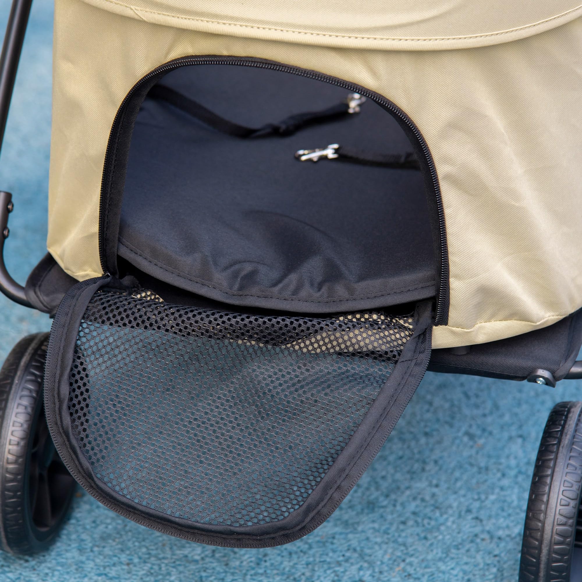 PawHut Carrito para Perros 2 en 1 Cochecito para Perros Pequeños Plegable con 2 Correas de Seguridad 2 Bolsillos Laterales Cojín Lavable y Ruedas Universales Carga 15 kg Caqui