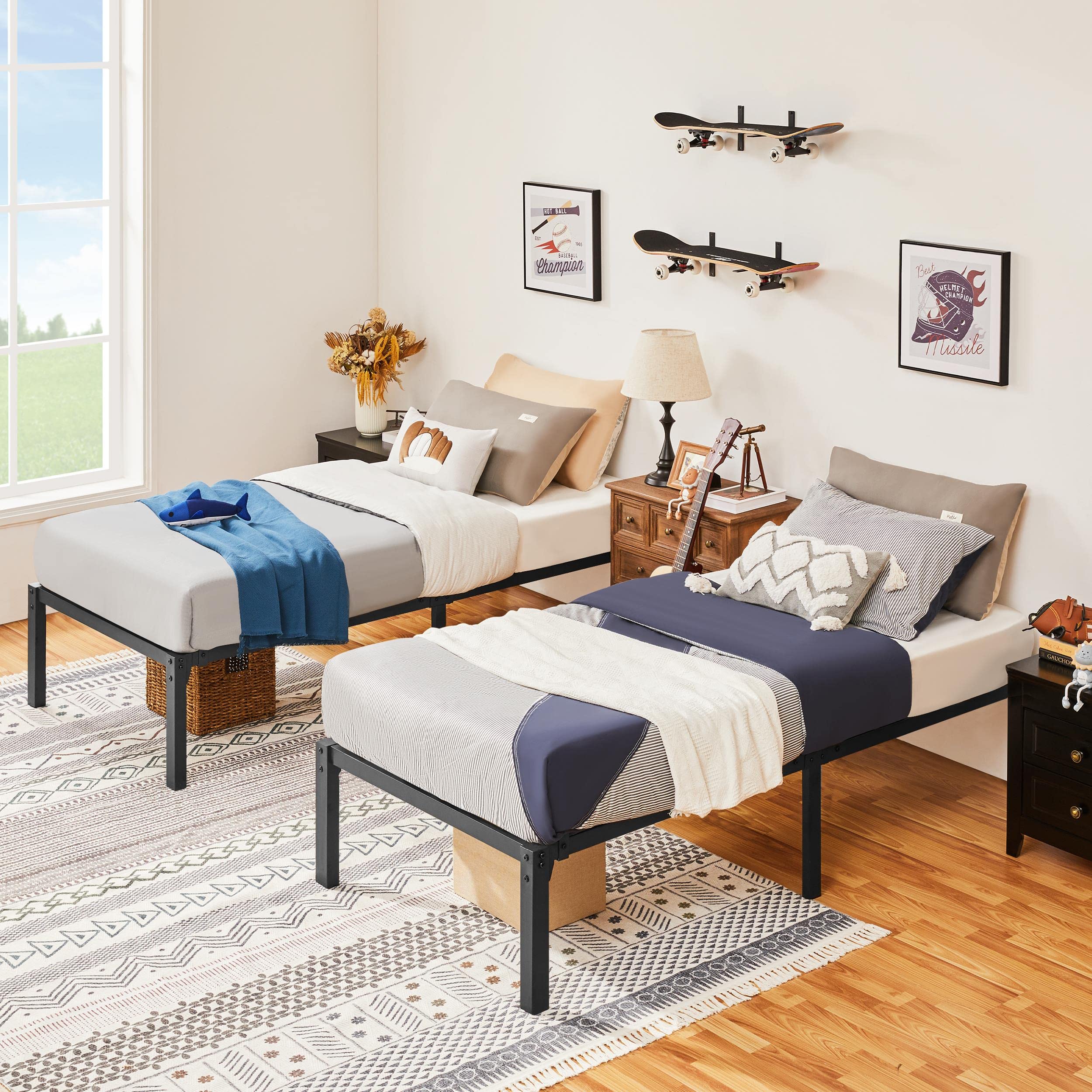 Yaheetech Set di 2 Rete Letto Singolo in Metallo 90 cm × 190 cm senza Testiera Spazio Aggiuntivo per Camera da Letto