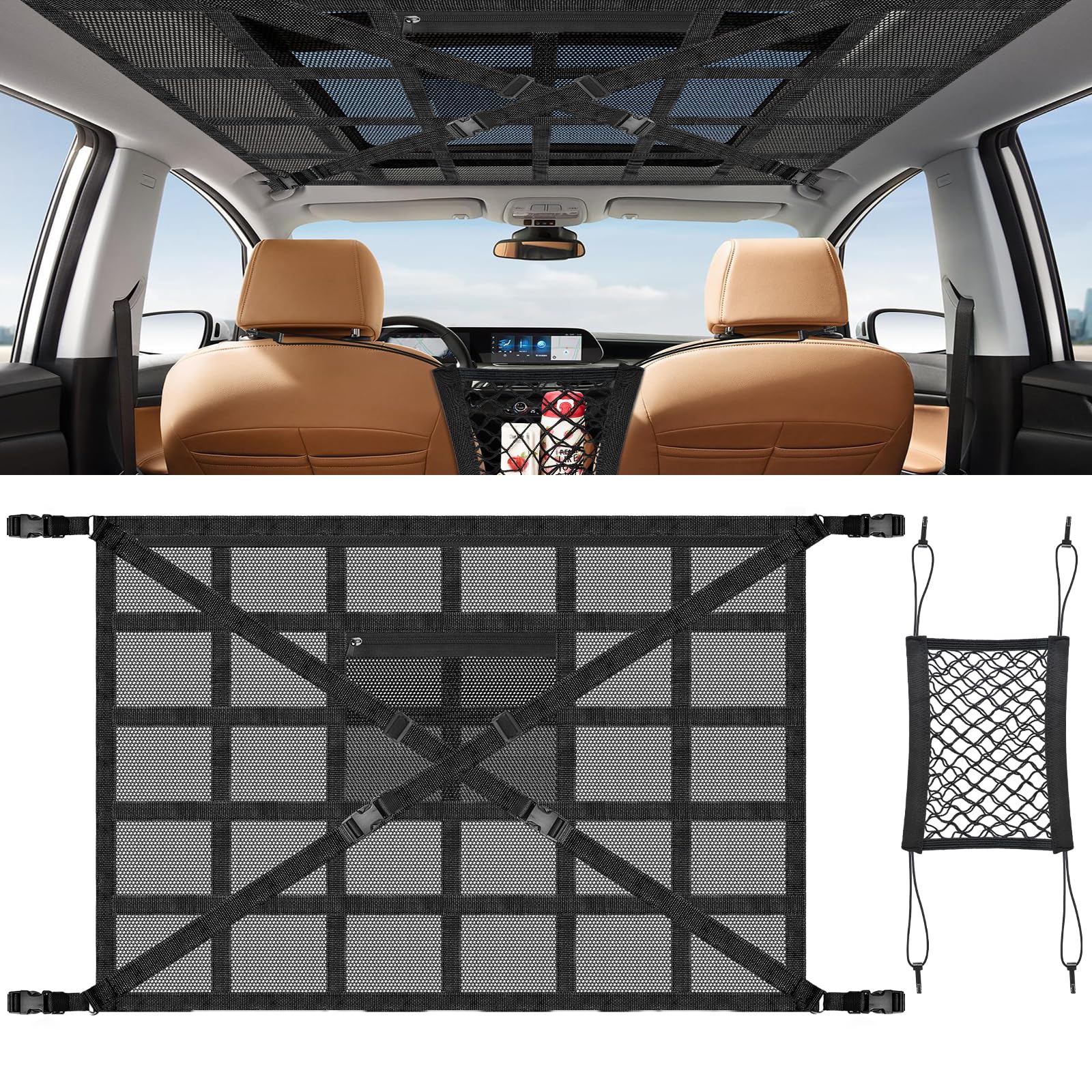 Goeveo Gepäcknetz Auto, 90x65cm Dachnetz Auto Innen und Kostenlosem Sitznetz, X-förmiger Verstärkung, Gepäcknetz für Wohnmobile, SUV, Van, Jeeps, Camping Zubehör, Dachbox, Aufbewahrungsnetz Netztasche