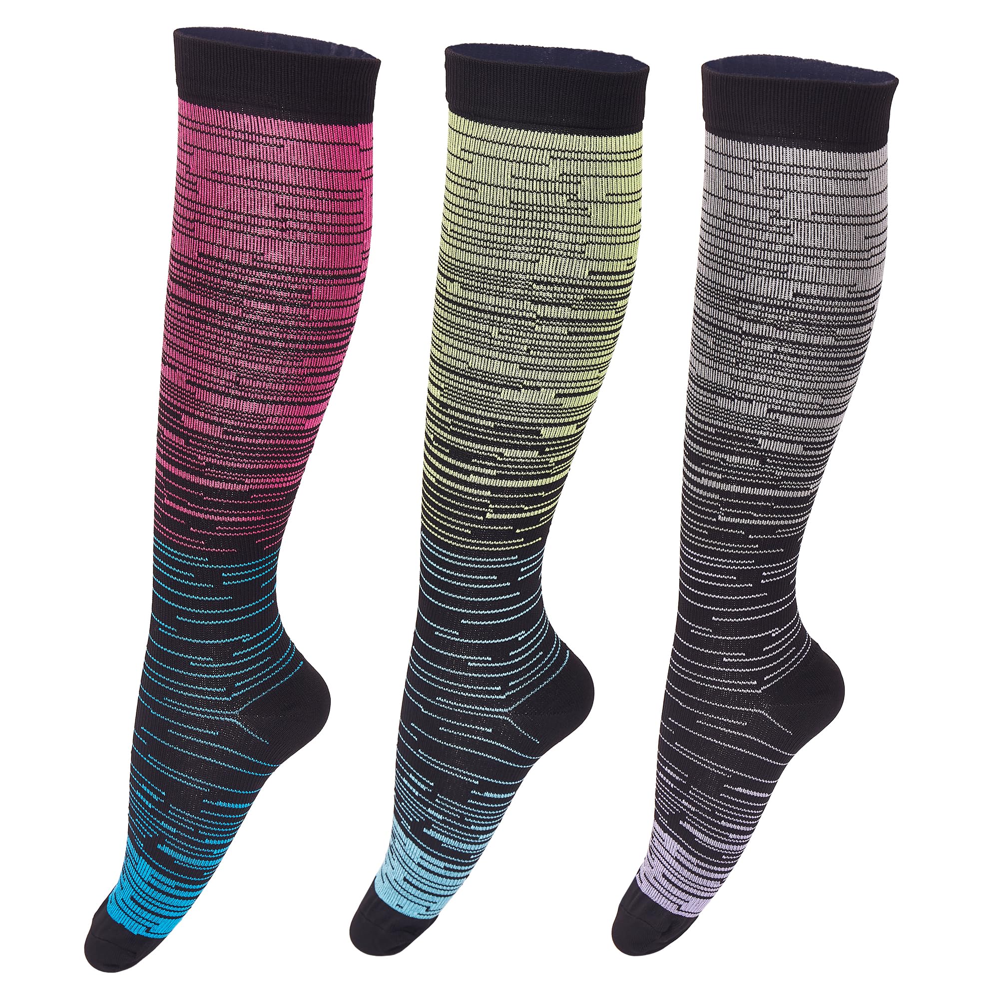 Guangstar Compression Socks for Women 3 Pairs 8-15mmHg Circulation Support Socks for Nurses, Running and Athletic, Pack of 3(Multi-Color Striped, S/M)