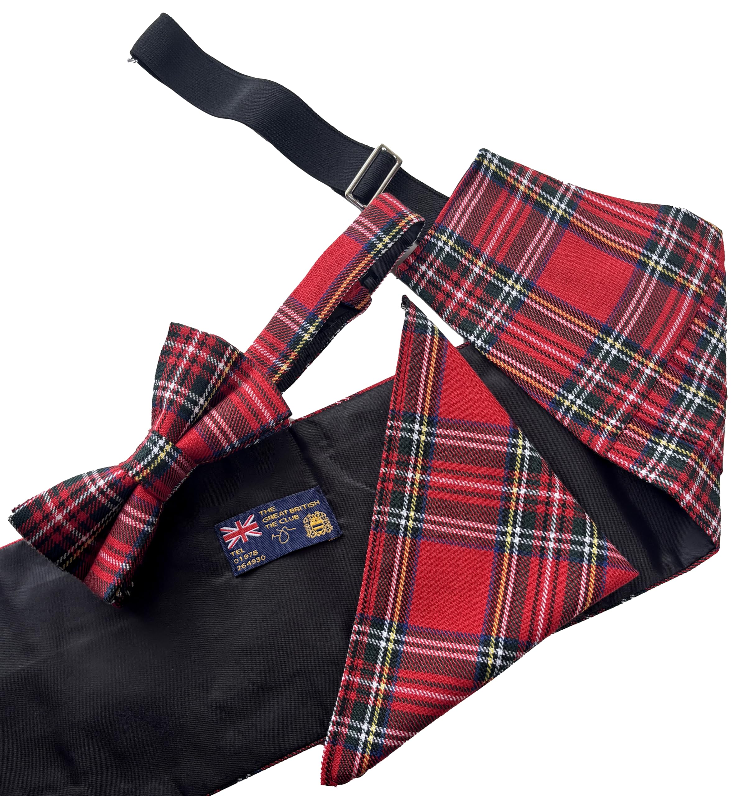 Great British Tie Club Royal Stewart Ensemble de ceinture en tissu tartan rouge avec nœud papillon et carré de poche, mélange de polyester, taille unique