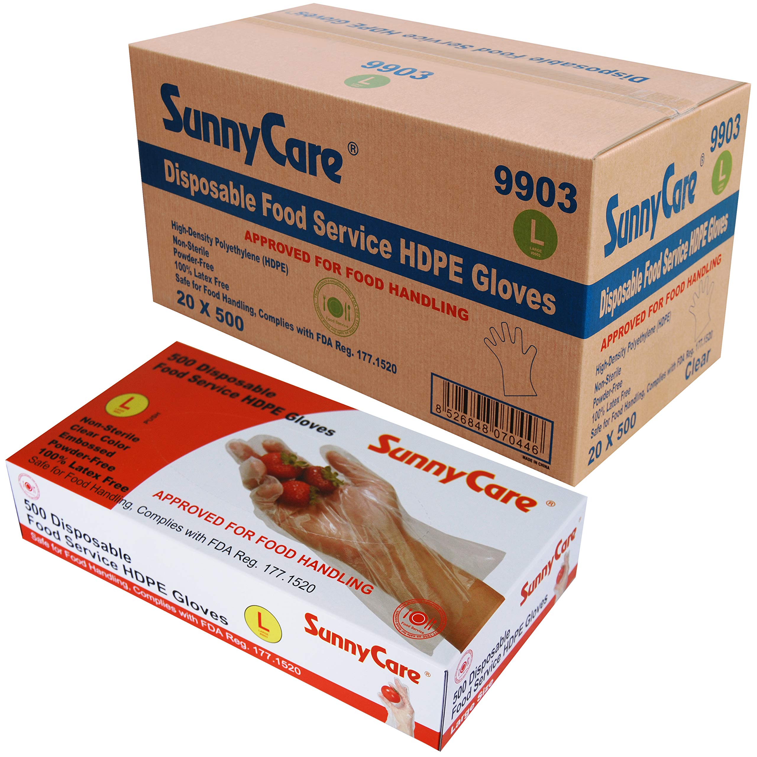 SunnyCarePoly Disposable HDPE Food Service Gloves, Box of 500, Total of 20 Boxes, Large (10000 Count)