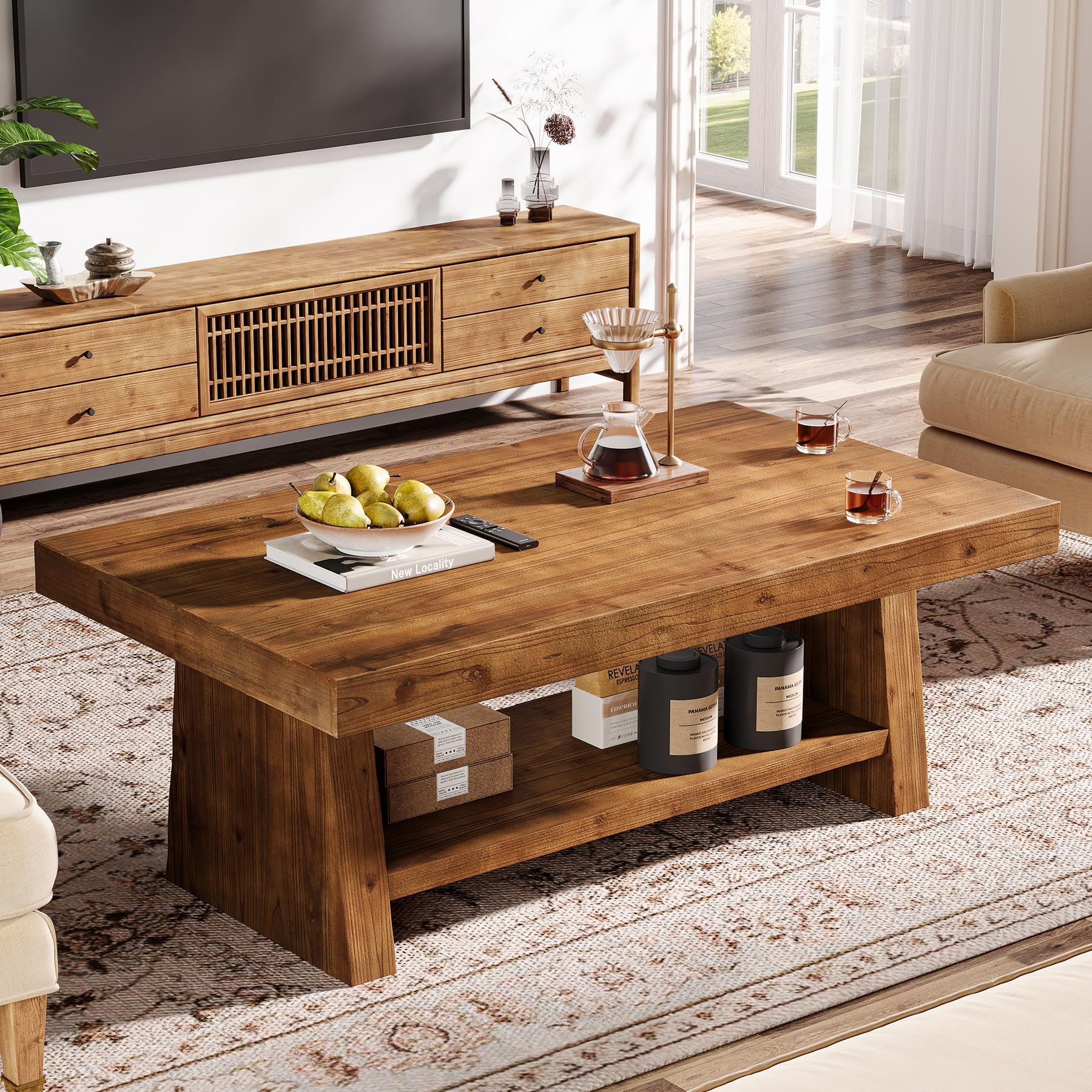 Solid Wood Coffee Table 47-Inch Farmhouse Coffee Table for Living Room 2-Tier Rectangular Center Table with Storage for