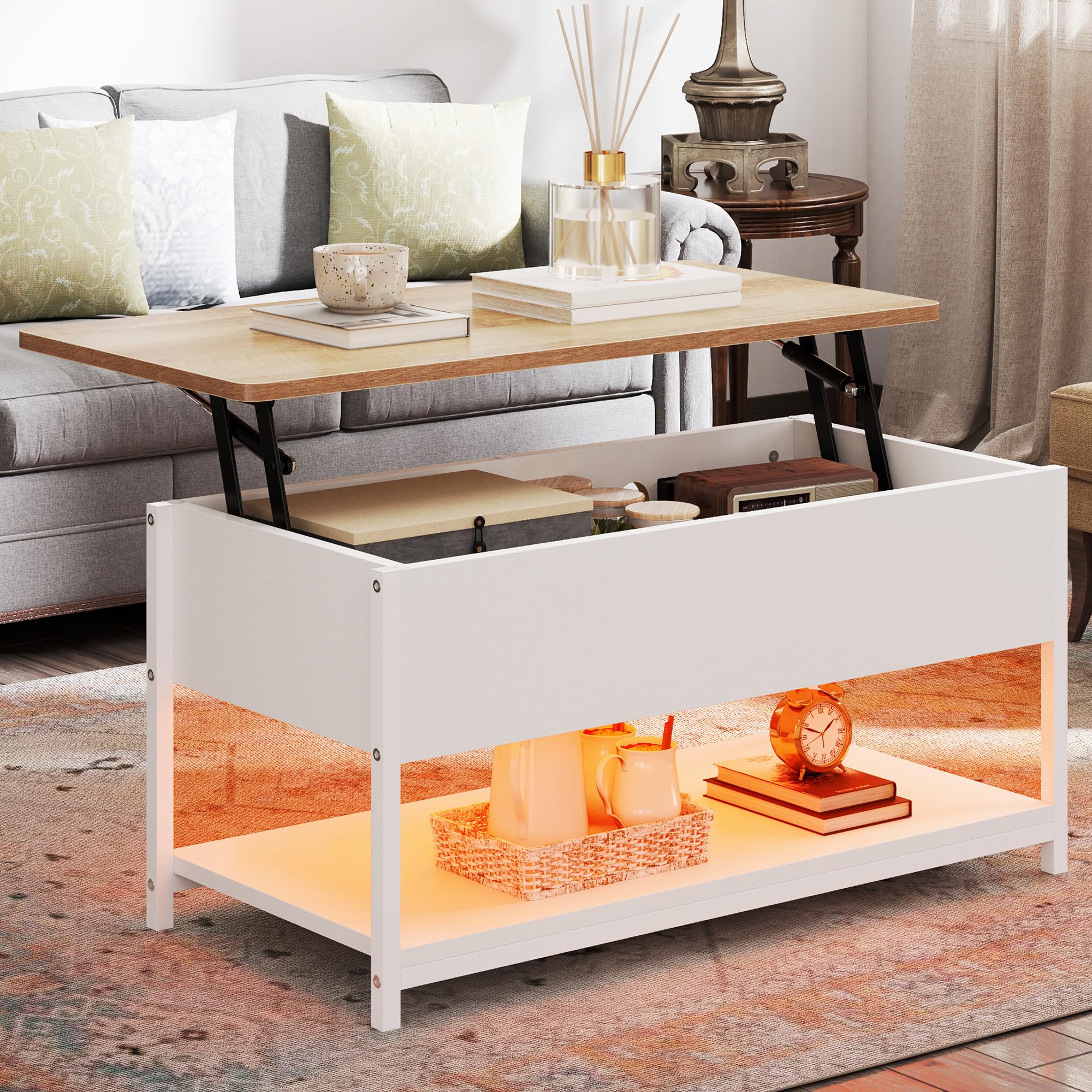 DWVO Wohnzimmertisch Höhenverstellbar mit Steckdose und 16-farbigem LED-Lichtstreifen, Couchtisch mit Verstecktem Stauraum für Wohnzimmer, Schlafzimmer und Büro, 100x50x(49-63.5) cm