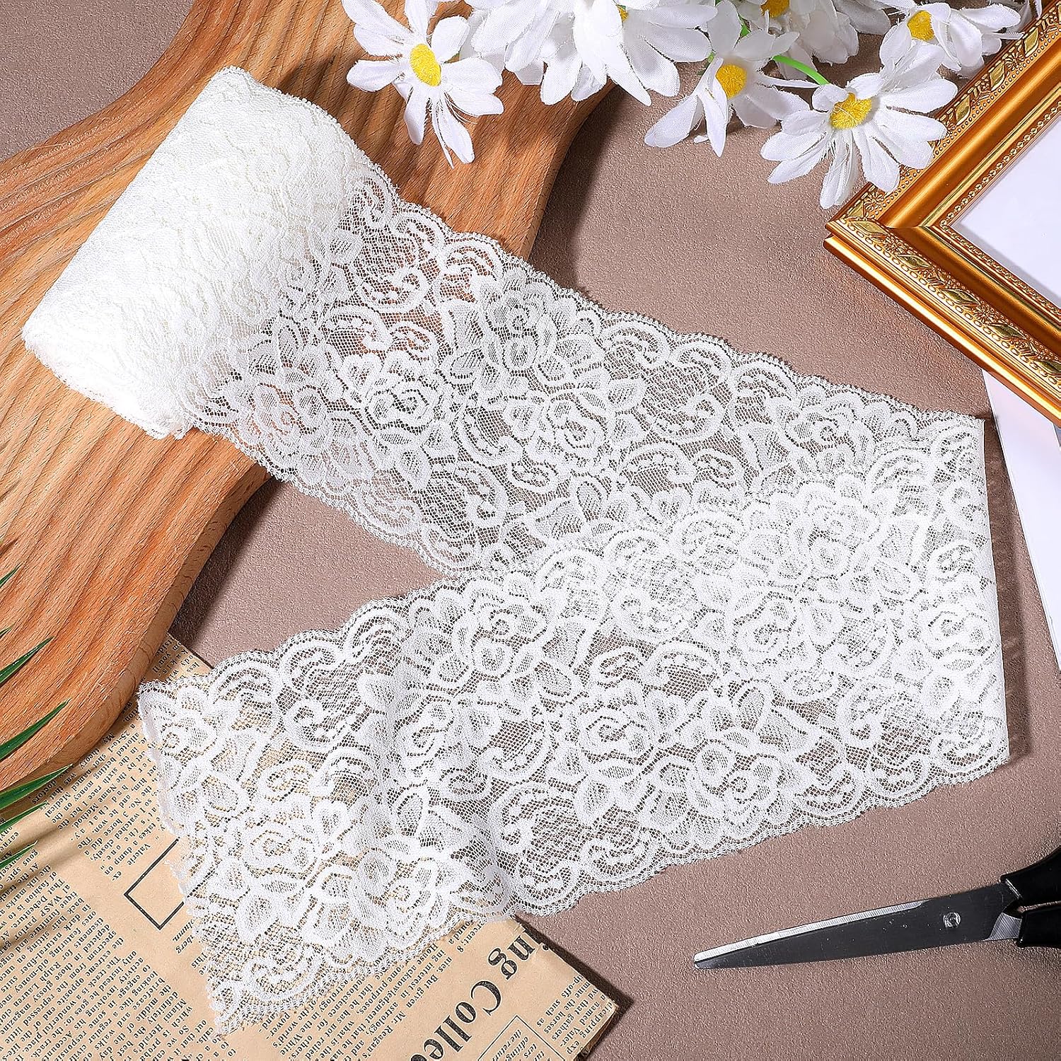 5 Yards 4.5 inches White Stretchy lace Ribbon, Wide Elastic Stretchy Lace Fabric, Embroidered Sewing Laces Trims with Floral Pattern for Bridal Wedding Decorations, DIY Crafts, Gift Wrapping