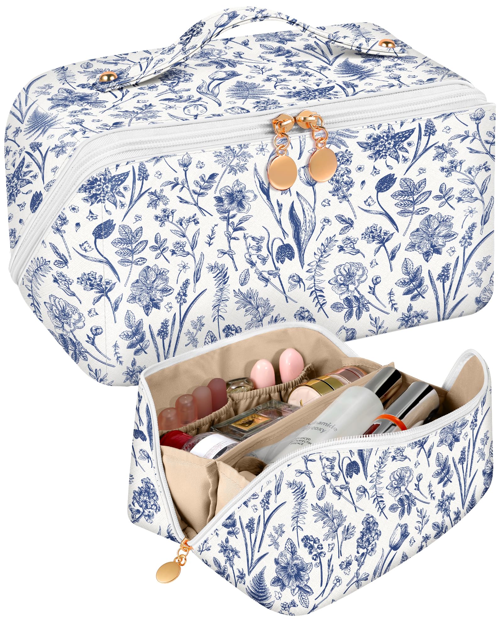 Bistup Makeup Bag Travel Cosmetic Bag Toiletry Make Up Bags Cute Women Large Capacity Big Medium Leather Blue Floral Aesthetic Girl Teen Teenage