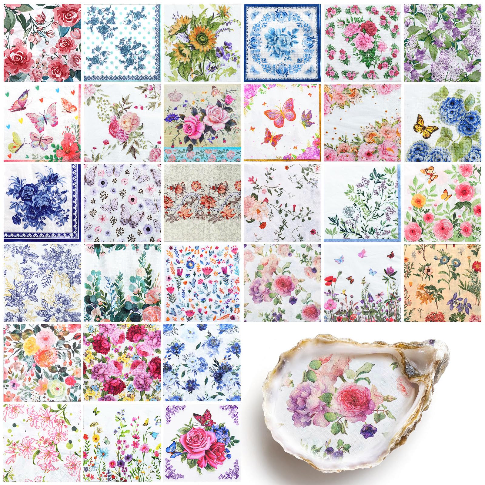 NatNarr 30 Pack Decoupage Napkins, 30 Styles Floral Paper Napkins Chinoiserie Decorative Decoupage Napkin Printed Cocktail Paper for DIY Crafting Spring Party 13 * 13 Inch Assorted Floral