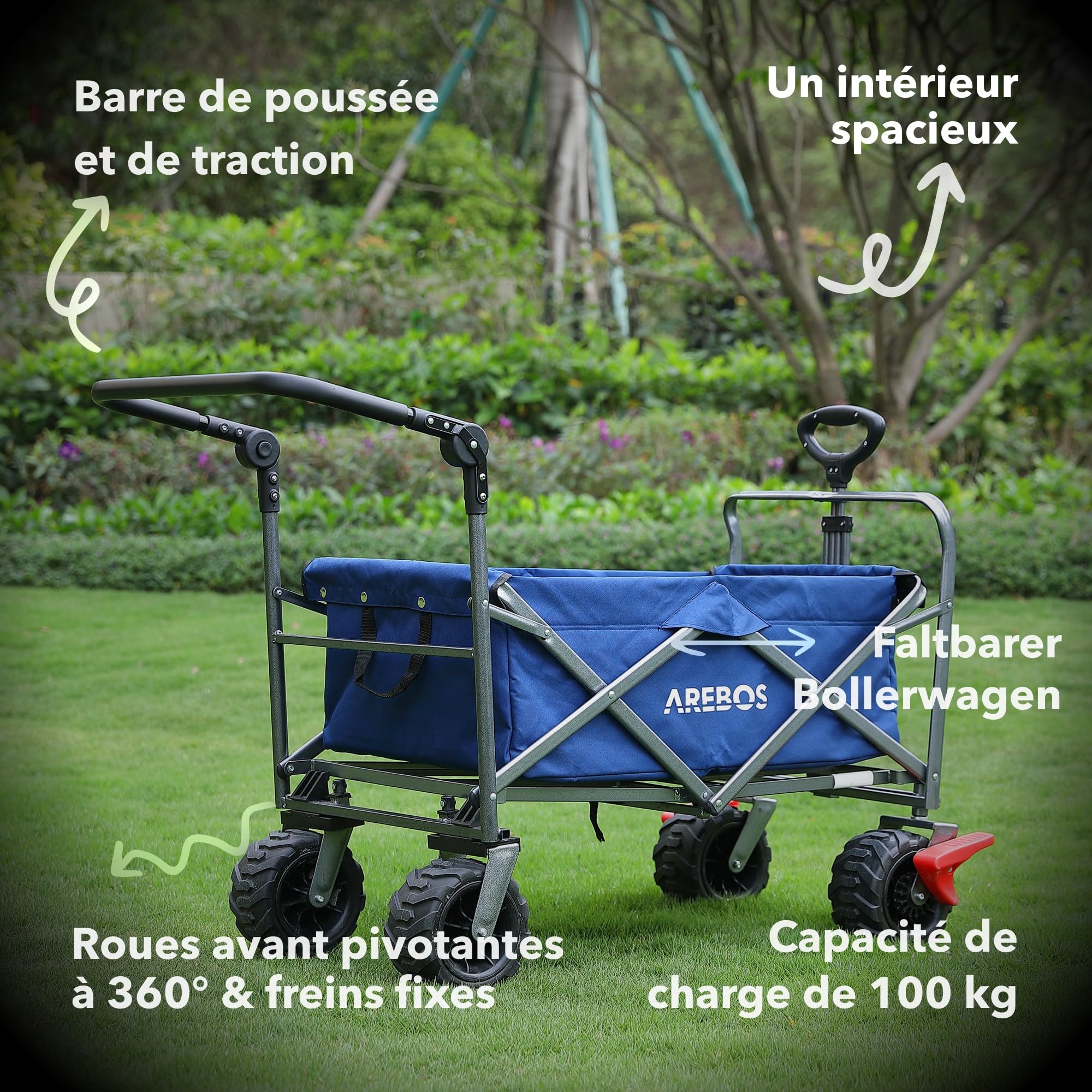 Arebos Chariot de Transport Pliable | Chariot à Main | Diable de Transport Chariot d'outillage avec 2 Poches en Filet et Une Poche extérieure | Pliable | Jusqu'à 100 kg de capacité de Charge | Bleu