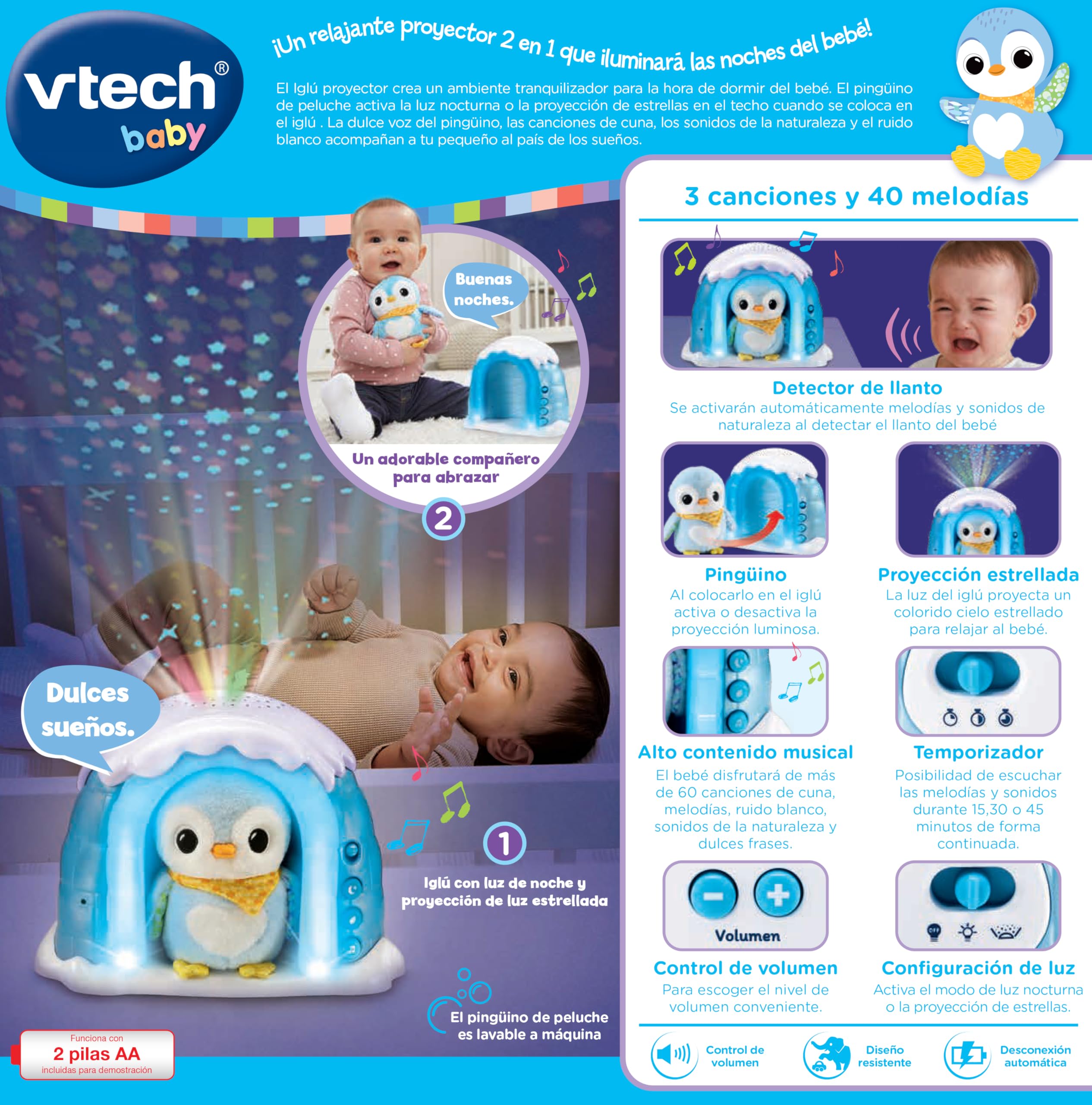 VTech-Baby Iglú Proyector Peluchito Pingüino, Juguete bebés recién Nacidos, Proyector Musical con Luces y Cielo Estrellado, Peluche Interactivo, Nanas y Sonidos Naturaleza, Versión ESP