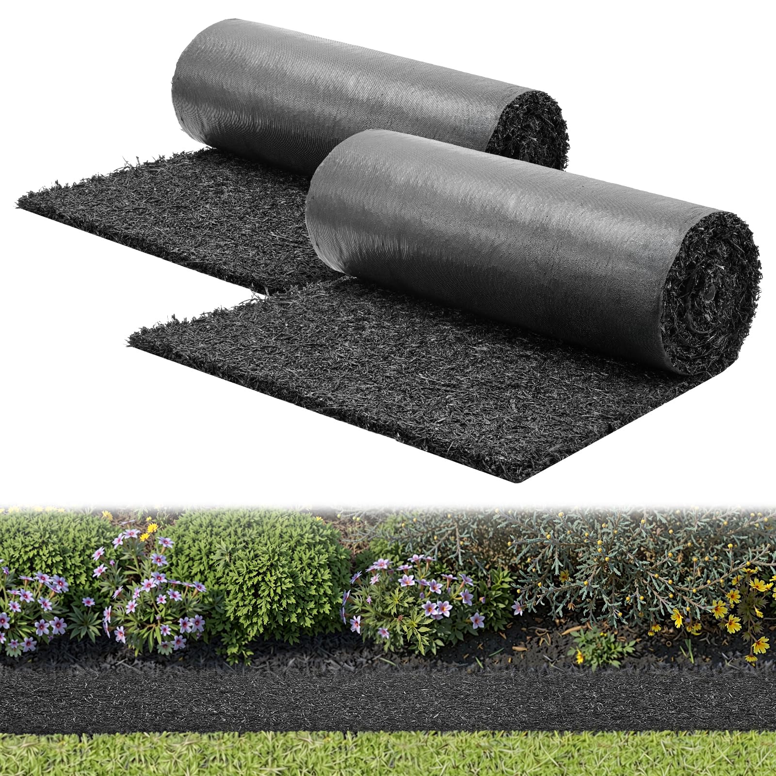 Photo 1 of VEVOR Rubber Mulch Mat Roll, 2 Rolls 96 x 22 in Recycled Rubber Mulch Mat, 0.5 Thick Cuttable, Reduced Weed Growth, Natural-Looking Weed Barrier Mat, Permanent Walkway Pathway for Landscaping