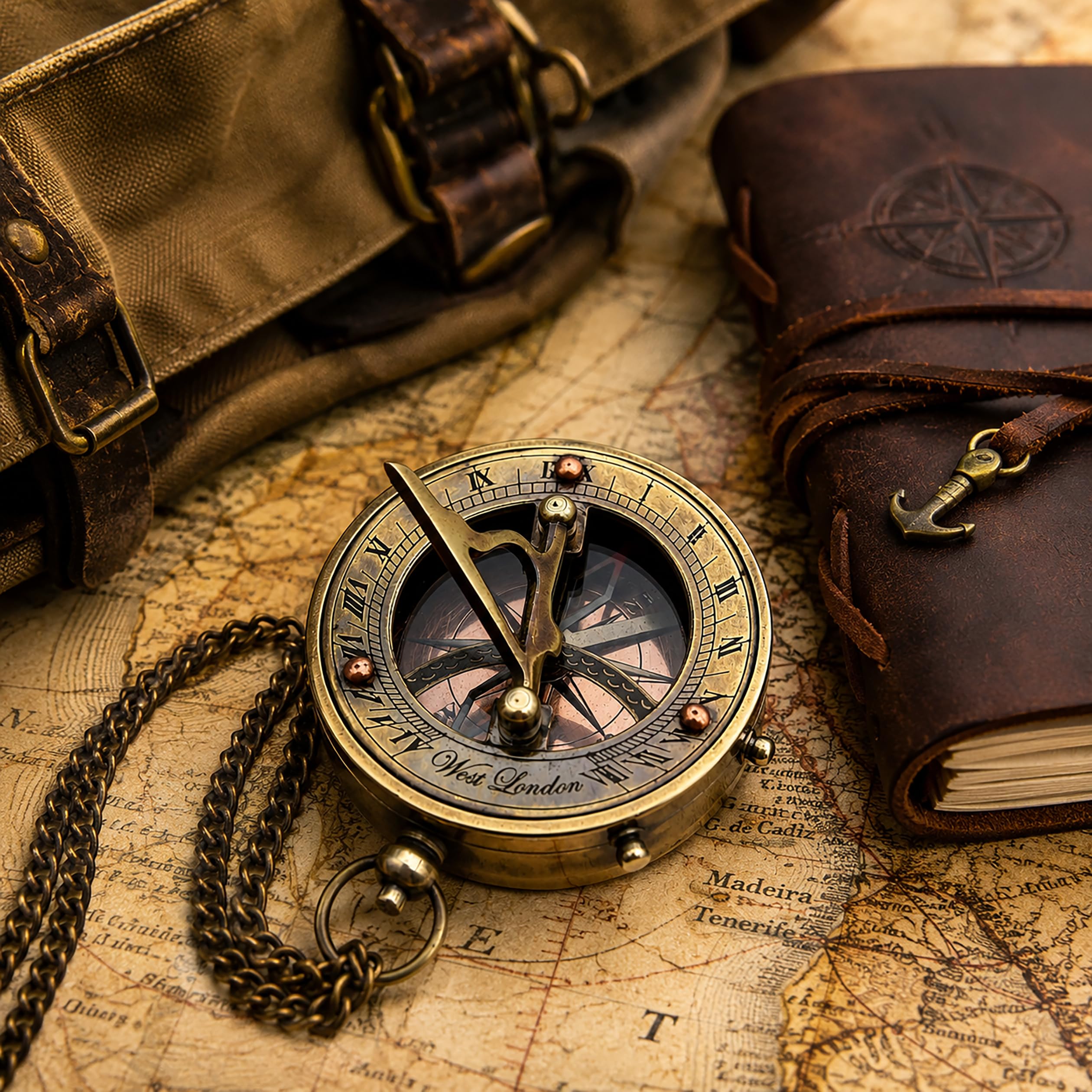 Boussole à cadran solaire en laiton avec boîte en bois, boussole nautique vintage pour randonnée, camping, aventure, boussole de poche faite à la main avec chaîne, cadeau de voyage maritime pour homme
