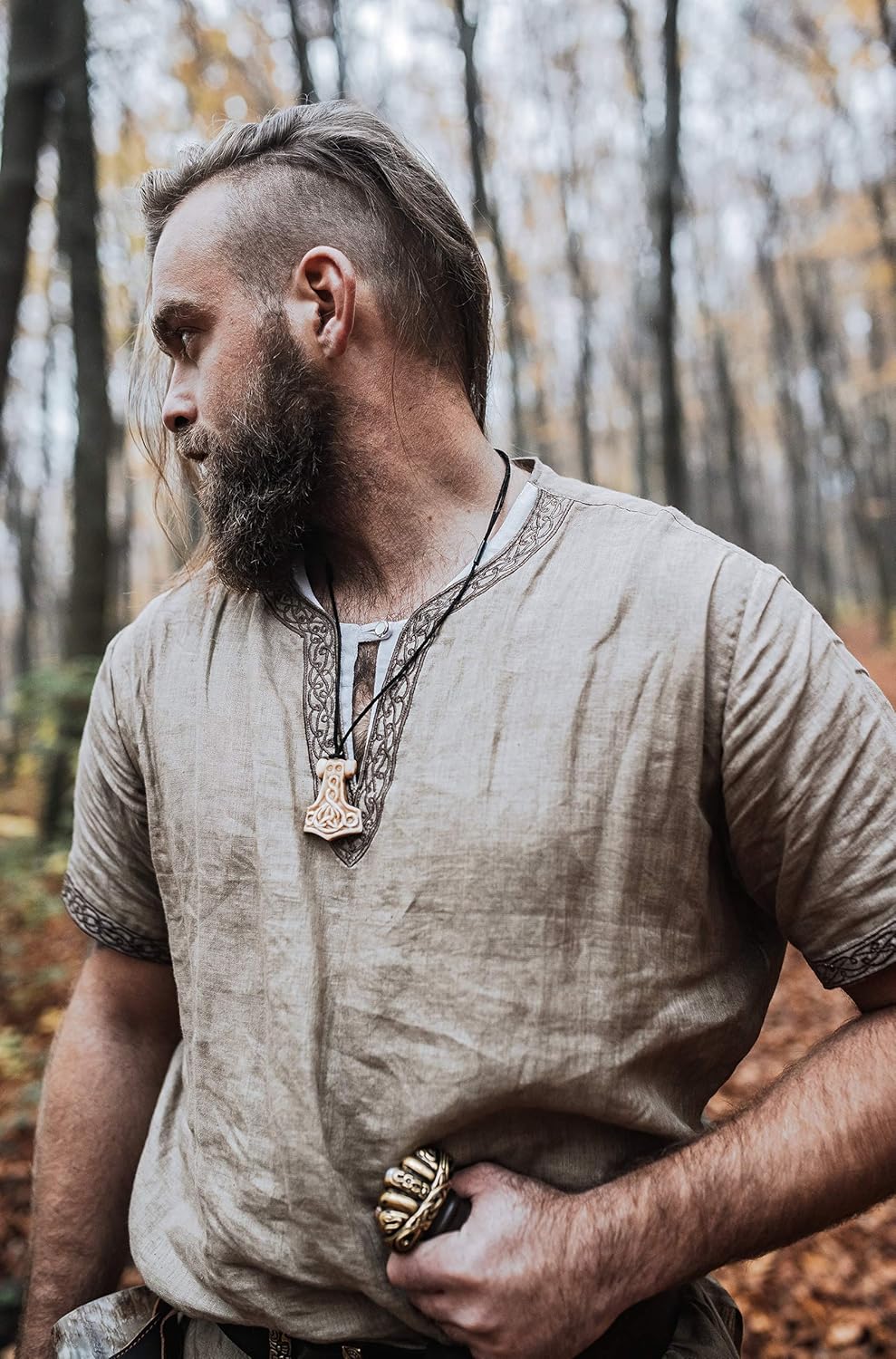 Norse Tradesman Viking Bone Pendant - Hard-Carved Norse Mythological Designs - Adjustable Black Leather Necklace - Image 2