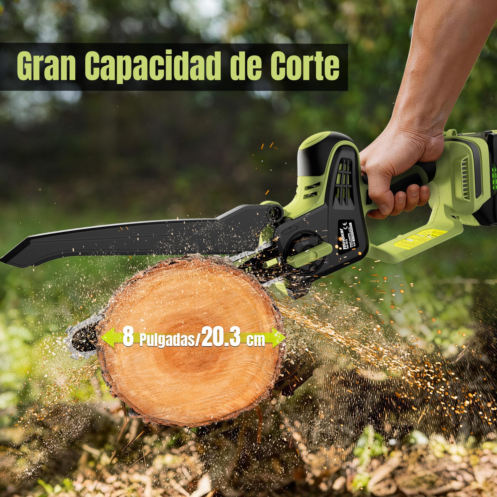 Mini Motosierra a Batería 8 Pulgadas, Motosierra Eléctrica con 2×5200 mAh Baterías, Lubricación Automática con Bomba de Aceite, Tensión de Cadena sin Herramientas, Sierra Eléctrica para Jardinería