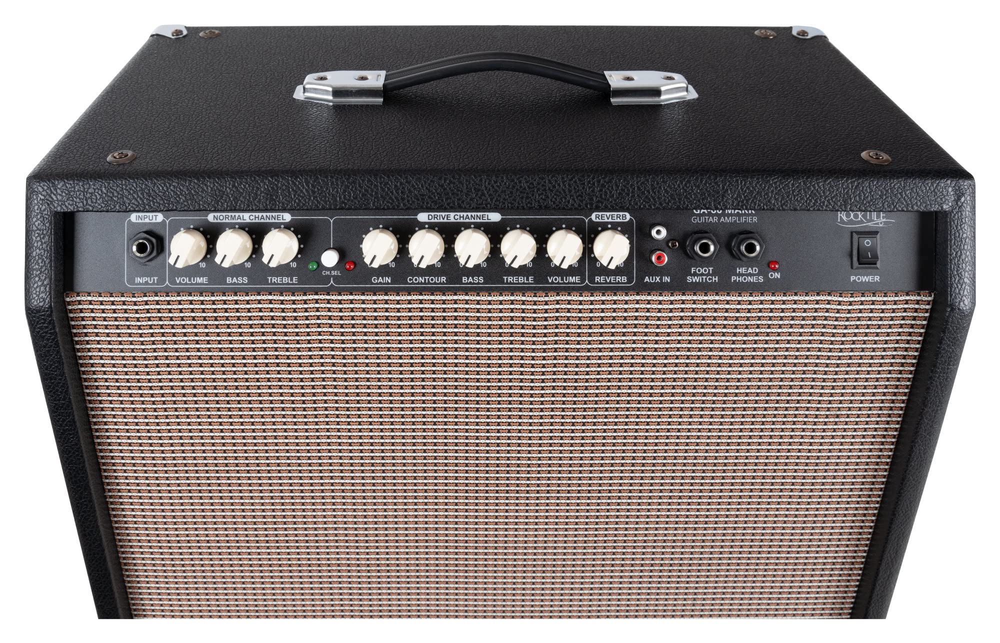 Rocktile GA-60 Mark Gitarrenverstärker - 60 Watt Gitarrencombo - 2 Kanäle (Normal/Drive) - 12" Speaker - Kopfhöreranschluss und AUX-In - 2-Band-EQ - Federhall-Effekt und Effektweg - Schwarz
